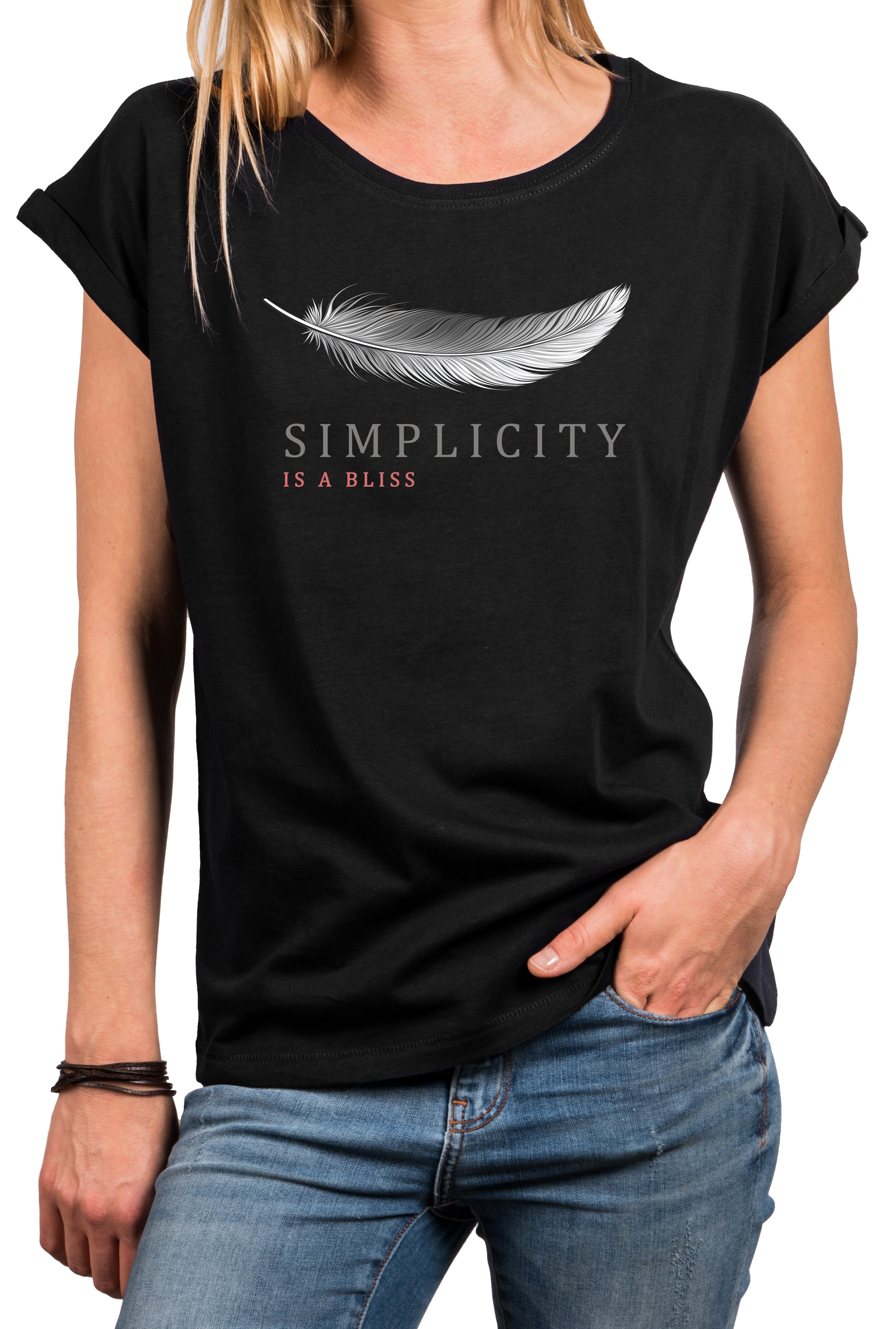 MAKAYA T-Shirt Minimalistisches Damen-Top mit Feder günstig online kaufen