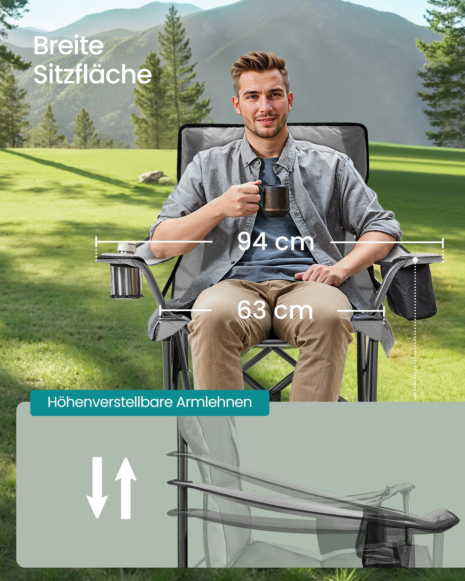 SONGMICS Campingstuhl, Klappstuhl mit Getränkehalter, Angelstuhl, Polsterung, bis 205 kg