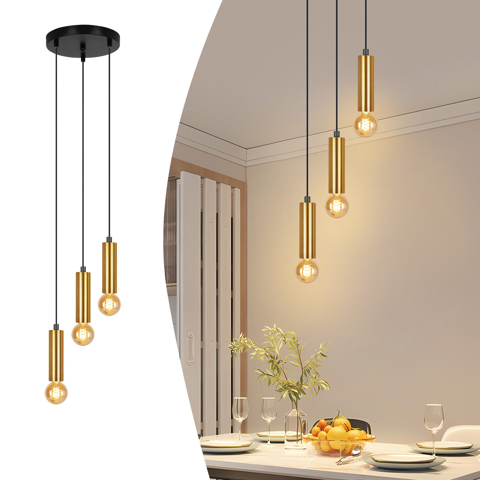 ZMH Pendelleuchte Esszimmer Gold 3 Flammig E27 Hängend 135CM wohnzimmerlamp günstig online kaufen