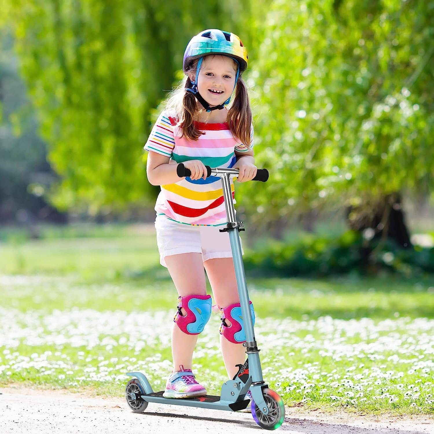 Kinder Rädern, Scooter, mit Cityroller hellblau KOMFOTTEU Roller LED 4 ab Jahre