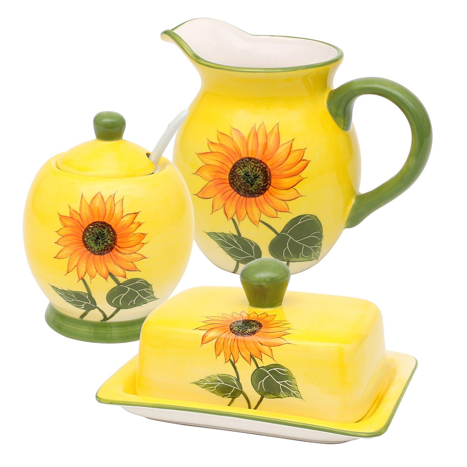 Neuetischkultur Frühstücks-Geschirrset Keramik-Set 3-teilig Sonnenblume (3-tlg), Keramik, Frühstücksset Butterdose Sahnekännchen Zuckerdose