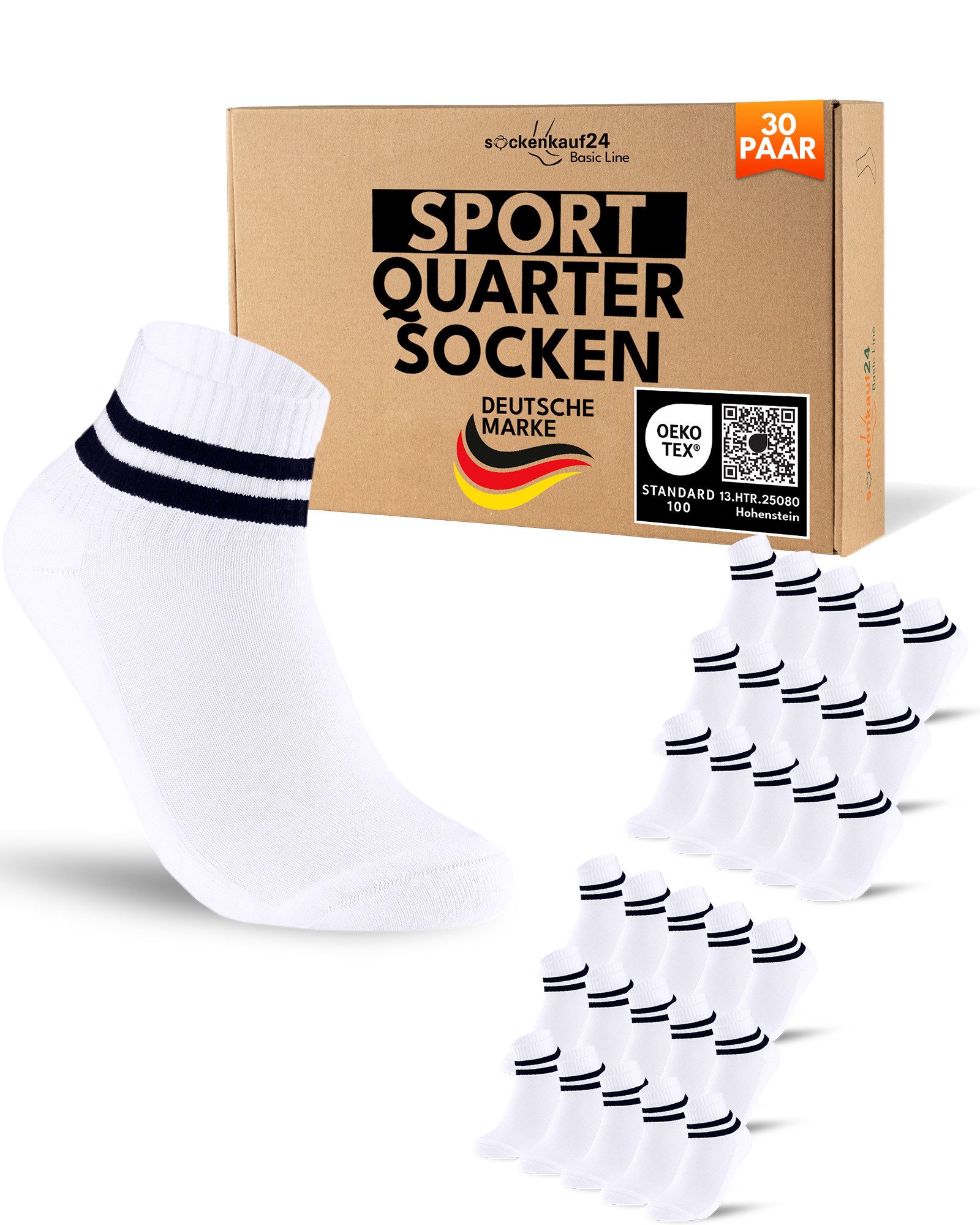 sockenkauf24 Sportsocken 10 Paar kurze Tennissocken Quarter Sportsocken Herren Damen Baumwolle (30-Paar) verstärkte Ferse & Fußspitze, gepolsterte Sohle, Atmungsaktiv