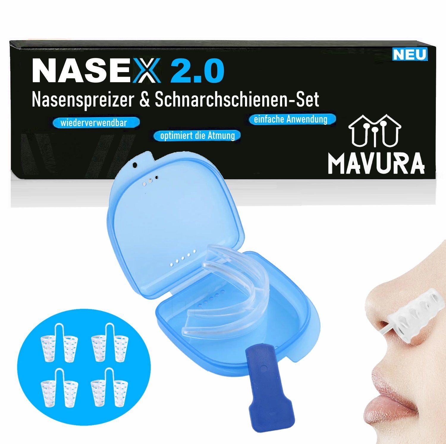 MAVURA Schnarchstopper NASEX2.0 Premium Nasenspreizer & Schnarchschiene, Set Schnarchen Sport Fitness Version 2.0