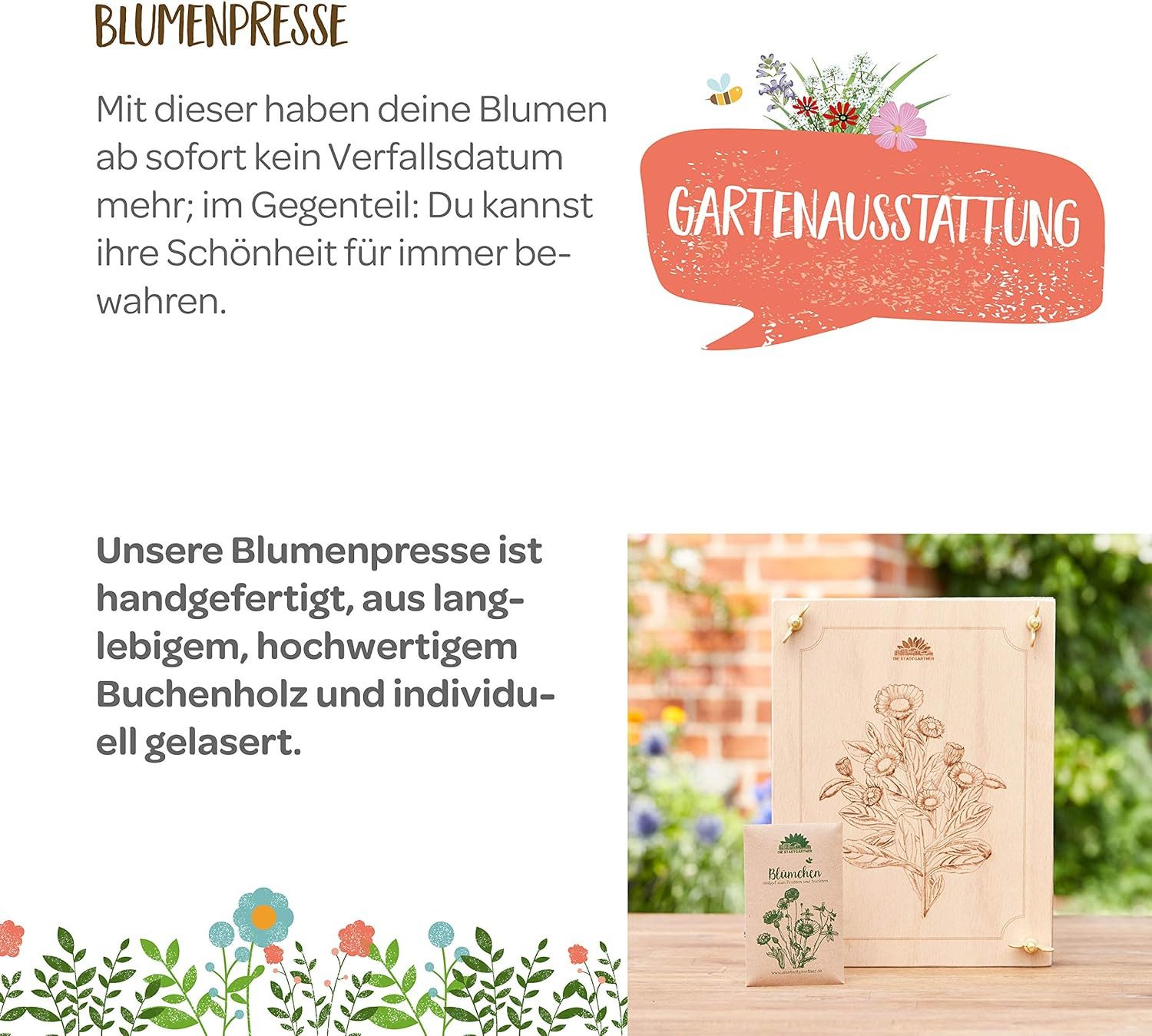 Die Stadtgärtner Lernspielzeug Blumenpresse aus Buchenholz mit großer Pressfläche (190 x 250mm)