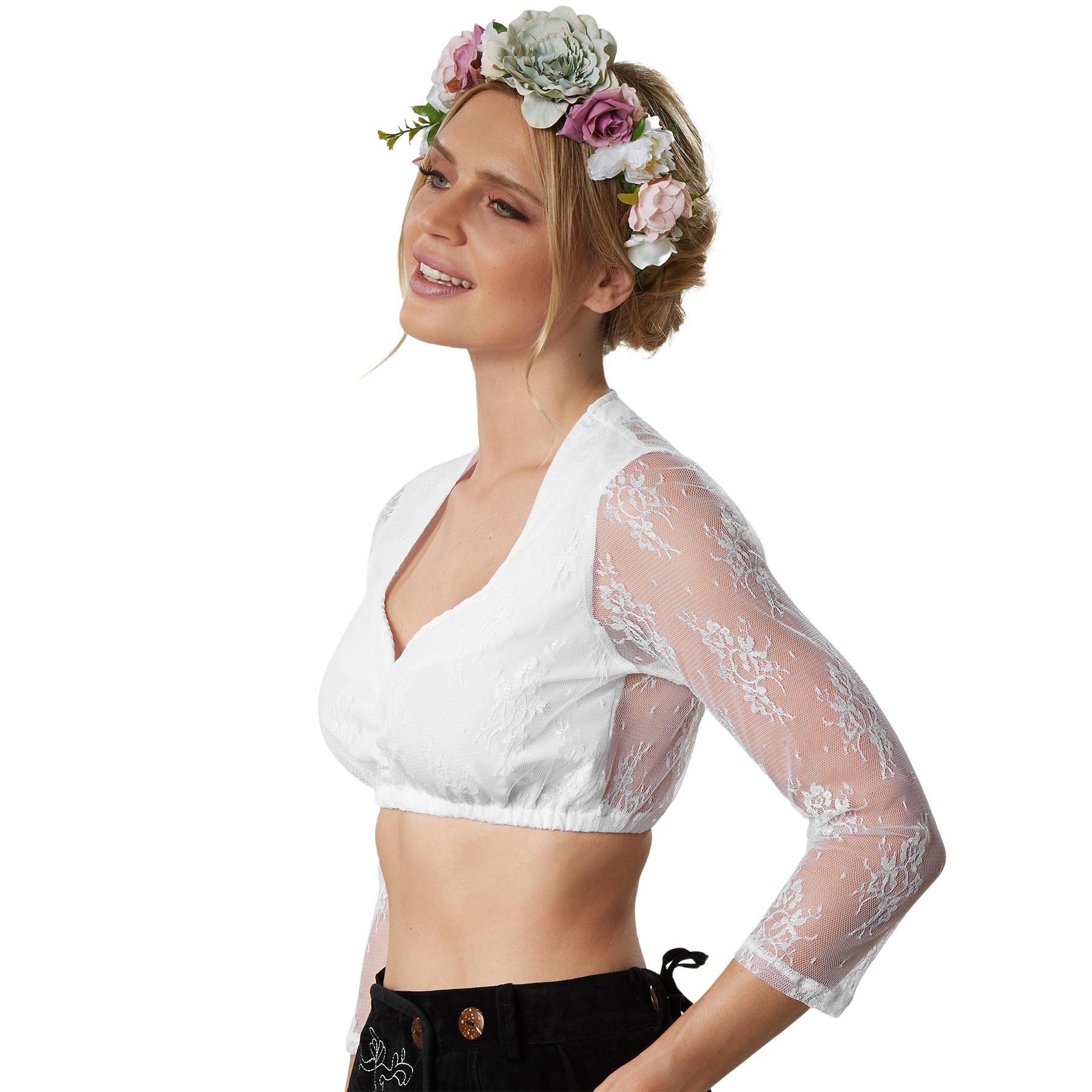 dressforfun Trachtenbluse Langärmelige Dirndlbluse mit Herz-Ausschnitt und elastischem (Frauentracht Gretl, in weiß) Vollflächige Blumenspitze mit blickdicht ge – Bild 3 von 5