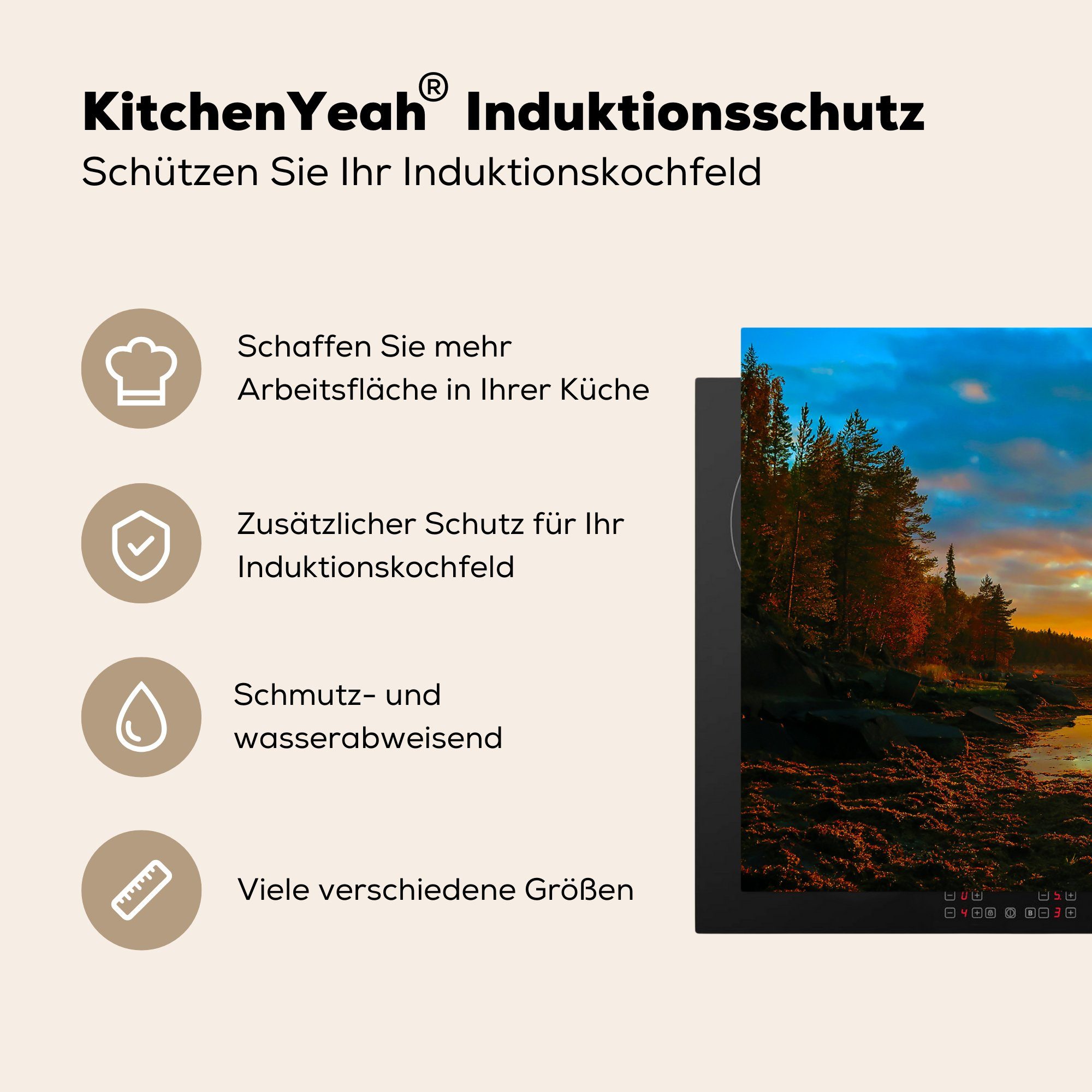 MuchoWow Herdblende-/Abdeckplatte Sonne Vinyl, Wasser 81x52 küche, für Induktionskochfeld cm, - (1 Bäume, tlg), Schutz die Landschaft - - Ceranfeldabdeckung