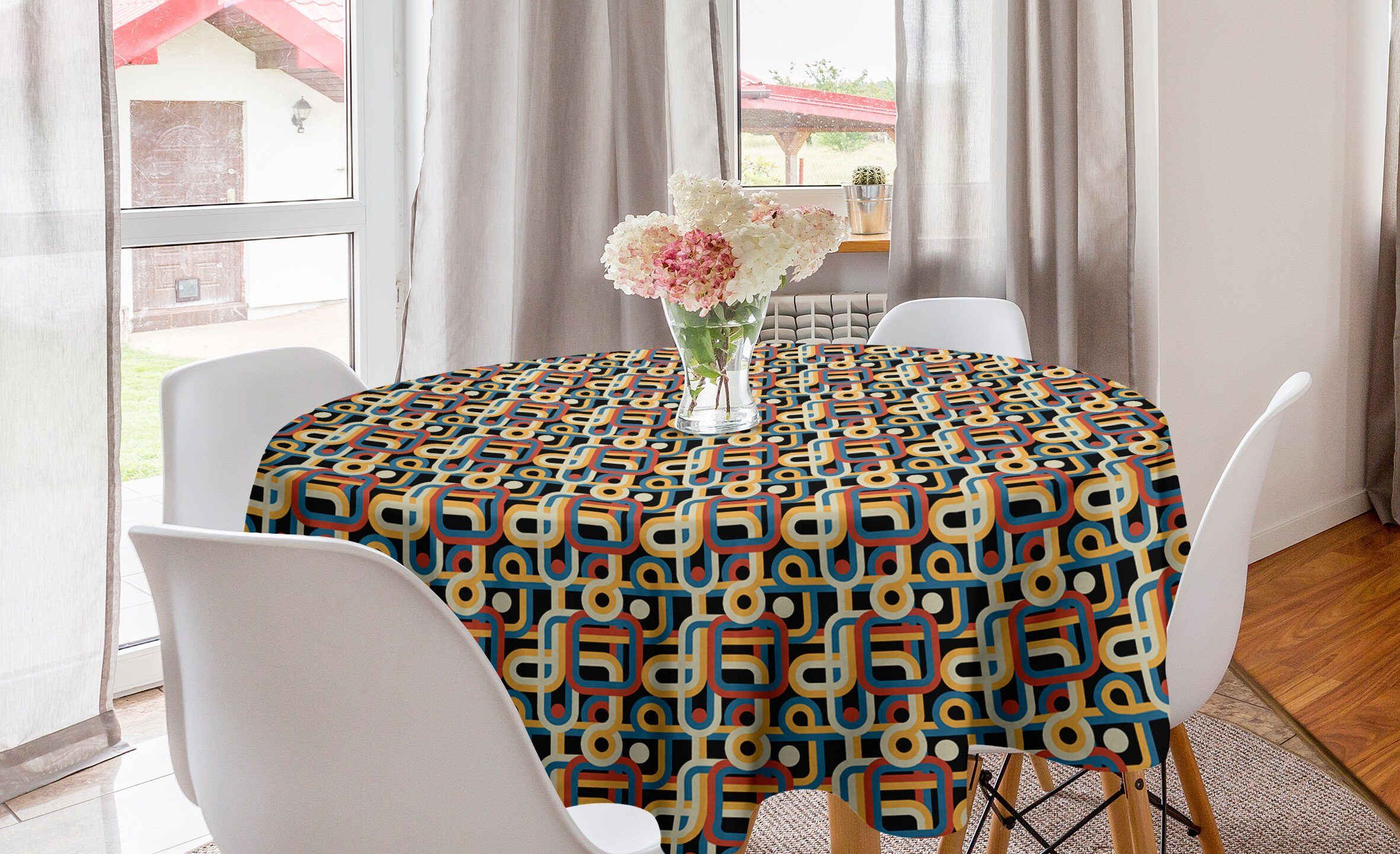 Abakuhaus Tischdecke Kreis Tischdecke Abdeckung für Esszimmer Küche Dekoration, Retro Geometrische bunte Streifen