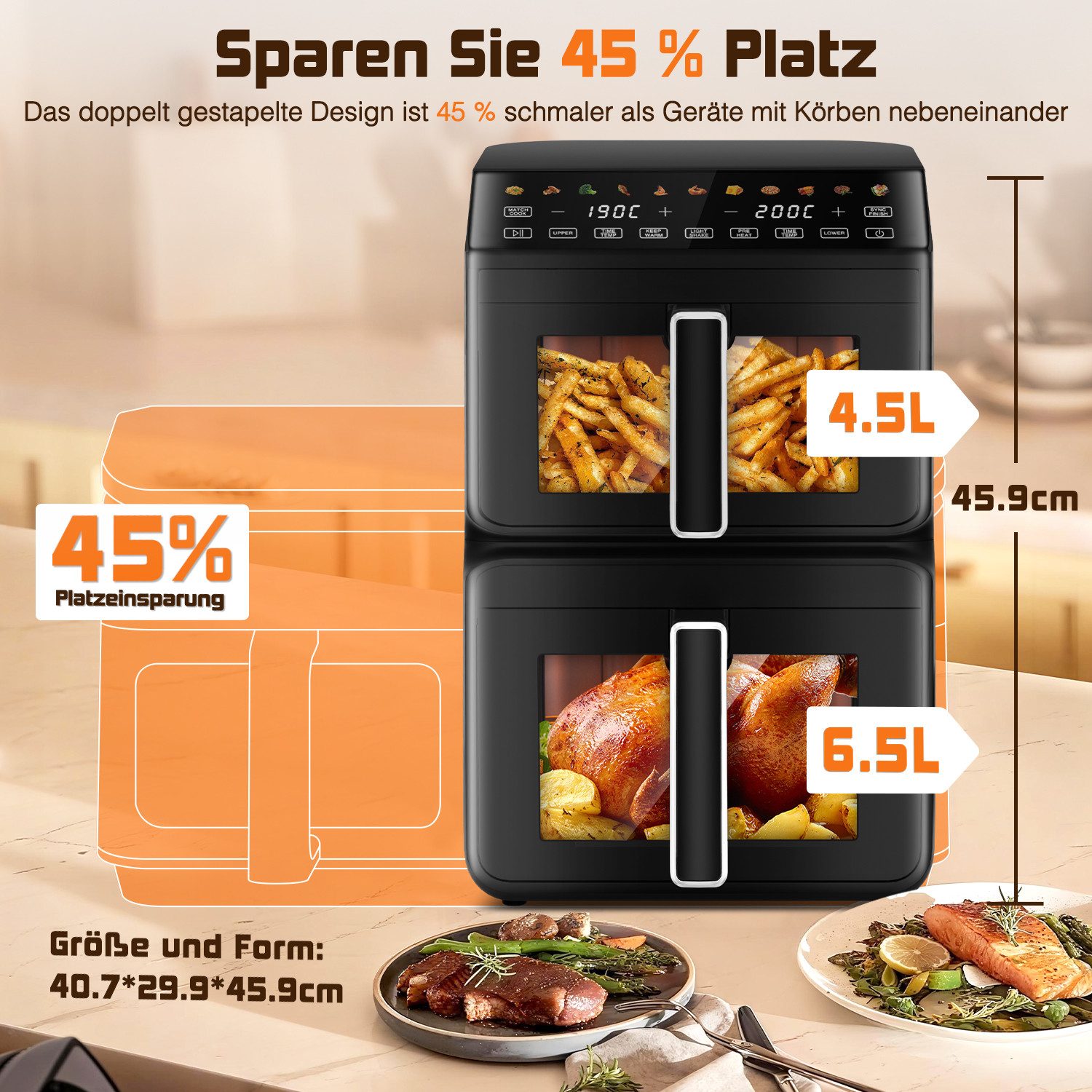 Fukstern Heißluftfritteuse 2 Kammern, Airfryer 11L mit 11 voreingestellte Programme,Touchdisplay, Sichtfenster, Unabhängige Temperaturregelung, 3000 W, Antihaft-Metallkörbe,4.5L+6.5L,fettarmes gesundes Kochen