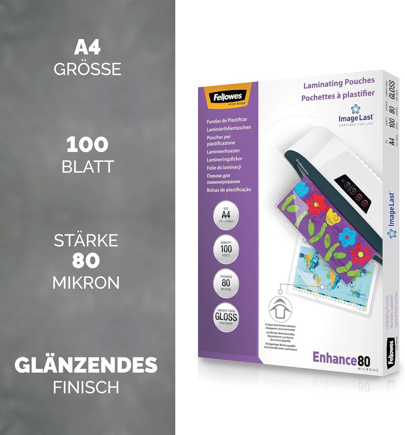 FELLOWES Laminierfolie A4 10% Ersparnis Vorteilspack – 500 Stück ImageLast 125 Mikron, A4, 125 µm, Glänzend, 500 St., Glanz-Finish, ImageLast