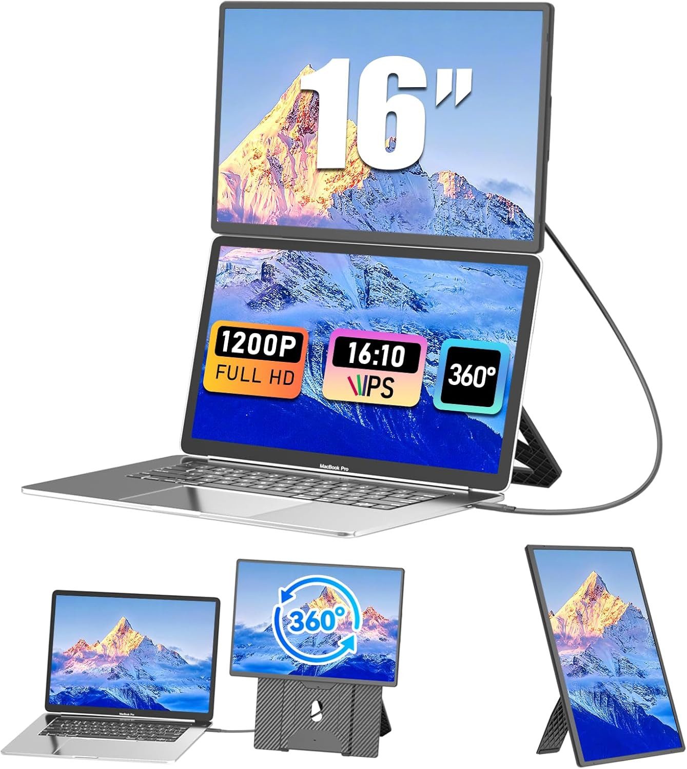 KEFEYA 16" FHD Laptop Bildschirm Erweiterung USB-C Laptop-Bildschirm-Extender Portabler Monitor (36 cm/16 ", 1920 × 1200 px, Full HD, 60 Hz, HDR, usb c Dual Display, Plug-and-Play, 1,27kg, für 13-17,3'' Laptop)