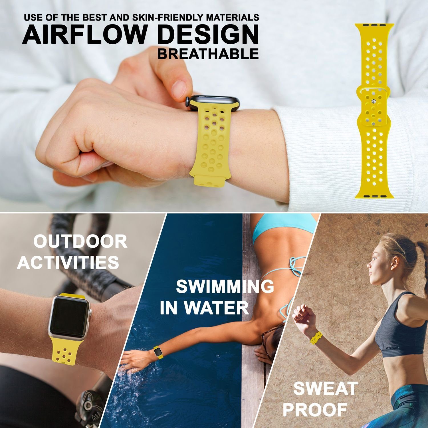 Nalia Smartwatch-Armband Apple Watch 42mm/44mm/45mm/49mm, Silikon Gelb Uhr Sport / für / Gelochtes Atmungsaktiv Fitness Ersatzband