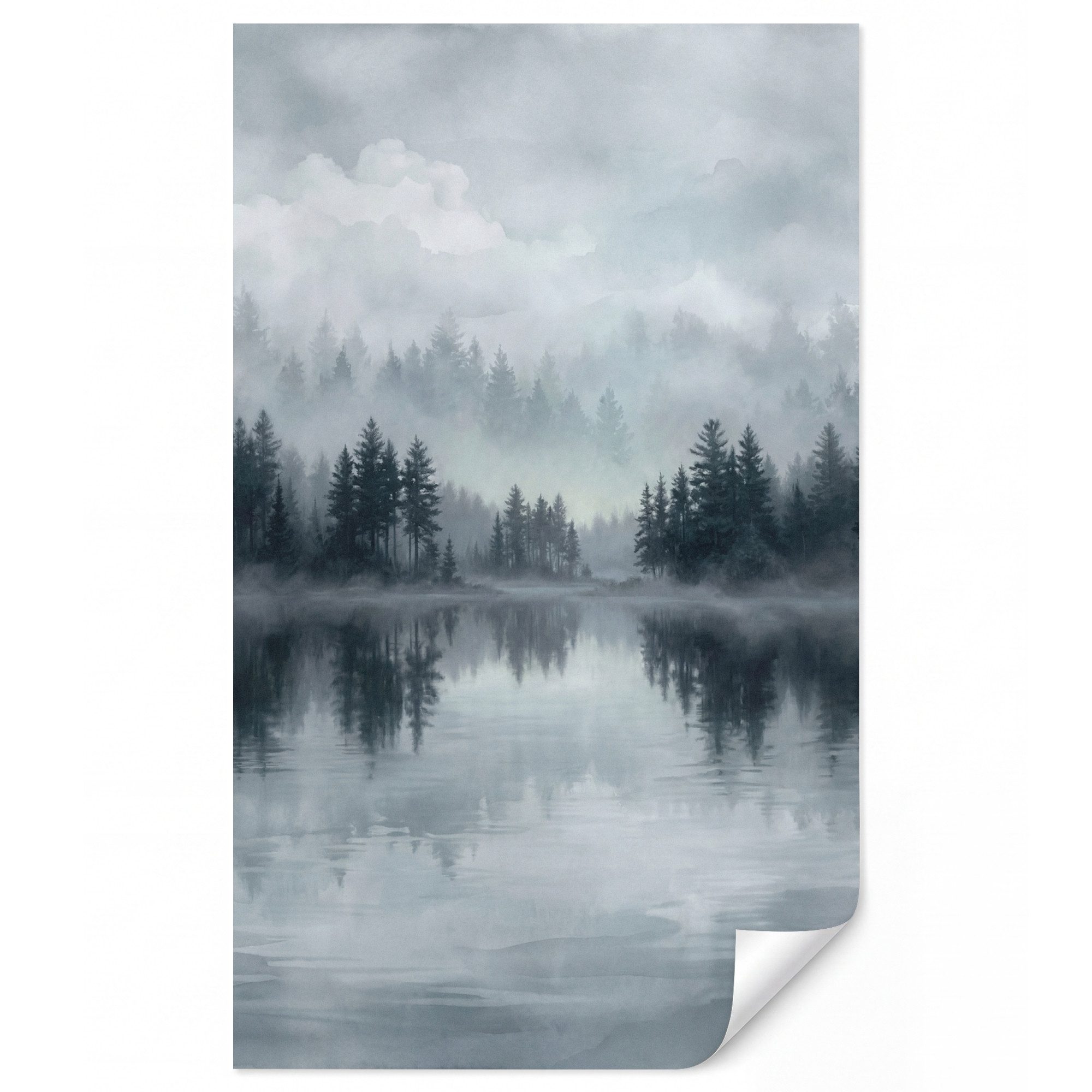 OnlyWow Fototapete Wald - See - Nebel - Natur - Grau, Matt, bedruckt, Modern, Wanddekoration, Wohnzimmer, Wandtapete 120x200cm