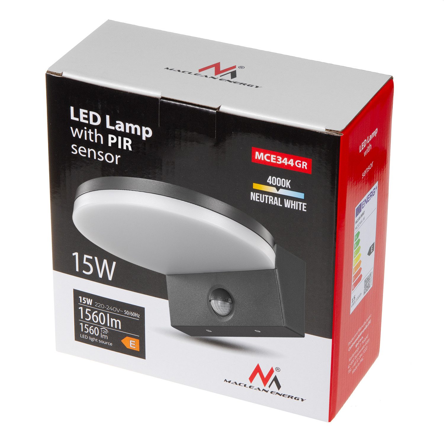 Maclean Außen-Wandleuchte MCE344 mit Bewegungsmelder 15W 1560lm IP65, LED fest integriert, neutralweiß, Dämmerungssensor 4000K Neutralweiß Wandlampe Garten Garage Eingang