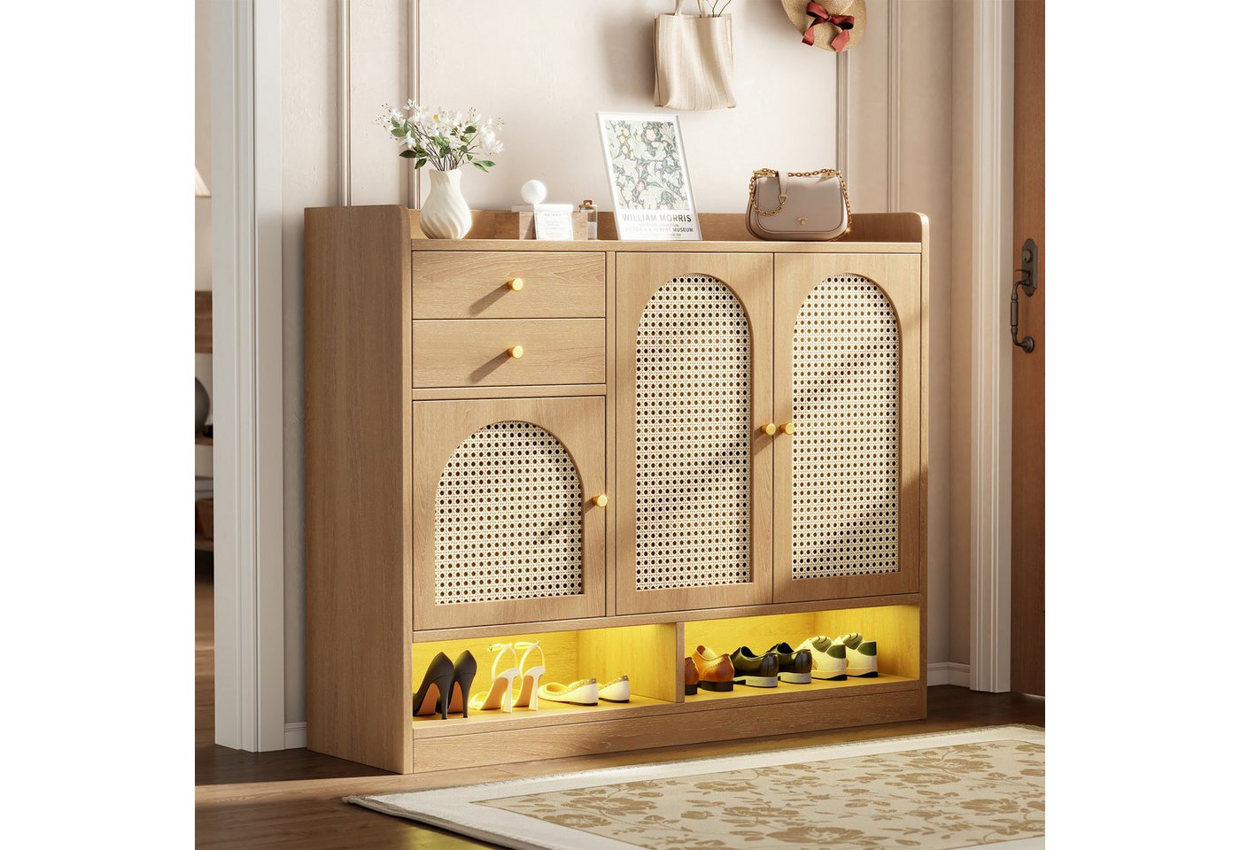 Odikalo Sideboard Anrichte Schuhschrank Schuhregal Rattan Schubladen Regalböden Natur (120x35x100cm Schuhschrank mit 3 Rattantüren 2 Schubladen & LED-Beleuchtung – Kommode mit offenem Schuhregal)