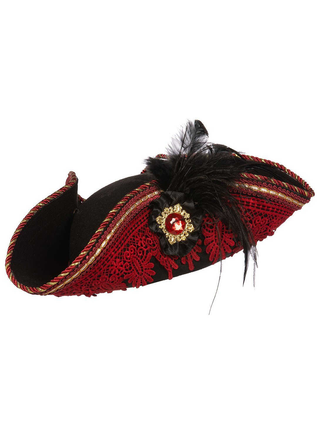 Metamorph Piraten-Kostüm Roter Piratenhut mit Brosche, Ein Dreispitz von bestechender Eleganz