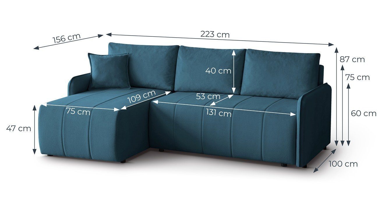 Beautysofa Ecksofa CAPRI modernes Sofa mit Schlaffunktion und Bettkasten, stilvolles Wohnzimmer-Ecksofa, Liegefläche 130×204 cm, universelle Ottomane