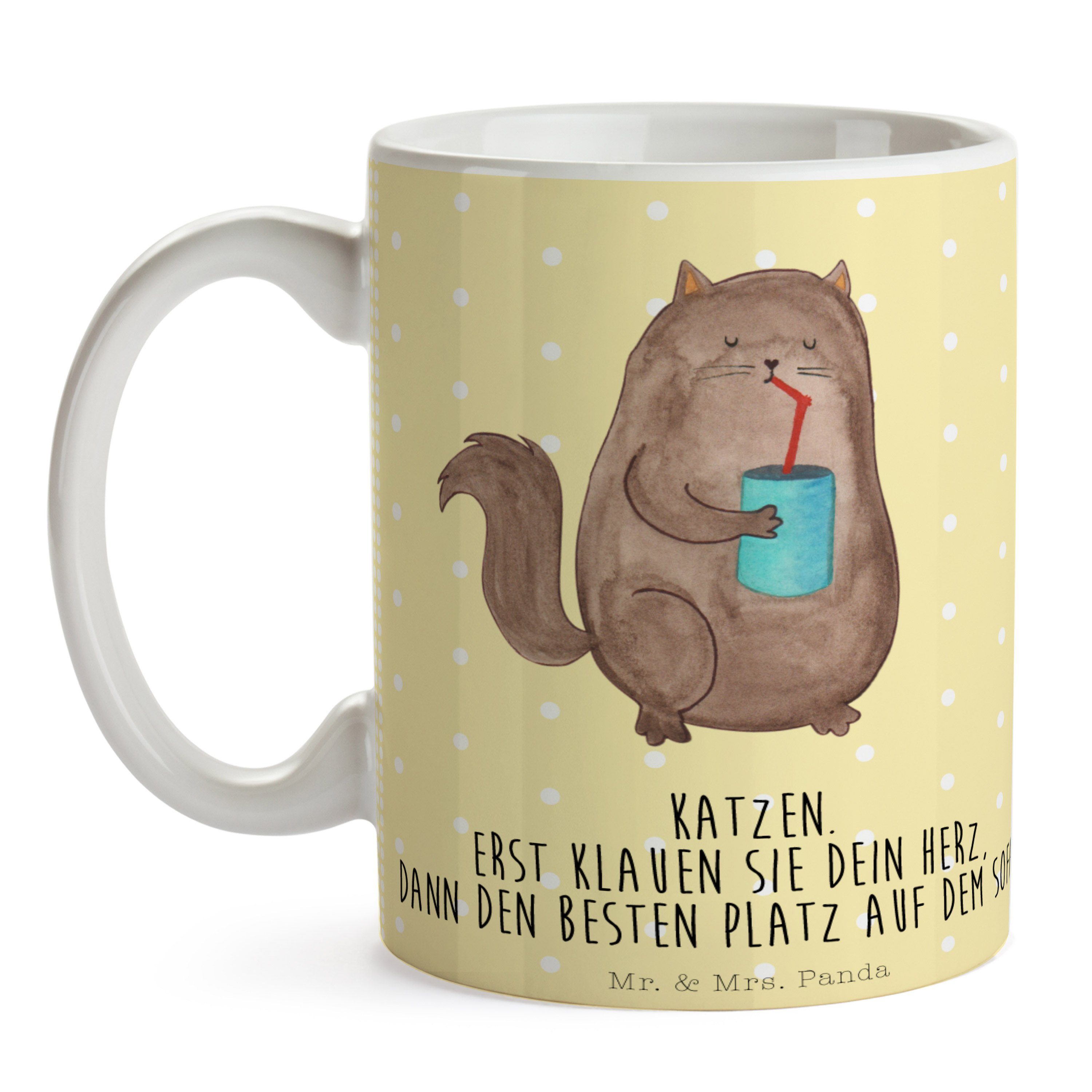 Pastell Kater, - Geschenk, Motive, Tasse - Panda & Cat, Keramik Mrs. Katze trink, Gelb Mr. Dose Tasse