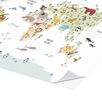 Posterlounge Wandfolie Marta Munte, Kinder Weltkarte mit Tieren (weiß), Mädchenzimmer Skandinavisch Illustration