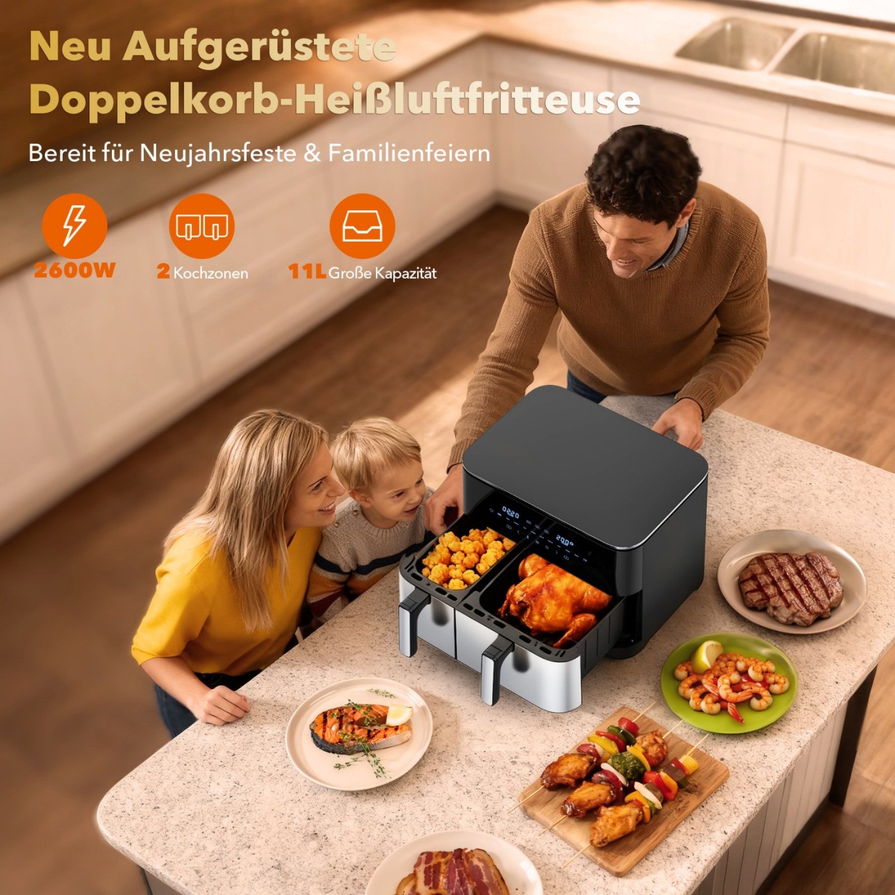 WELLENT Heißluftfritteuse XXL 11L Airfryer Dual Zone 2600W – Heißluftfritteuse mit 2 Körben (4L+7L),10 Programme, 2600 W, LED Touchscreen, Sync & Shake,Spülmaschinenfest,Ohne PFAS