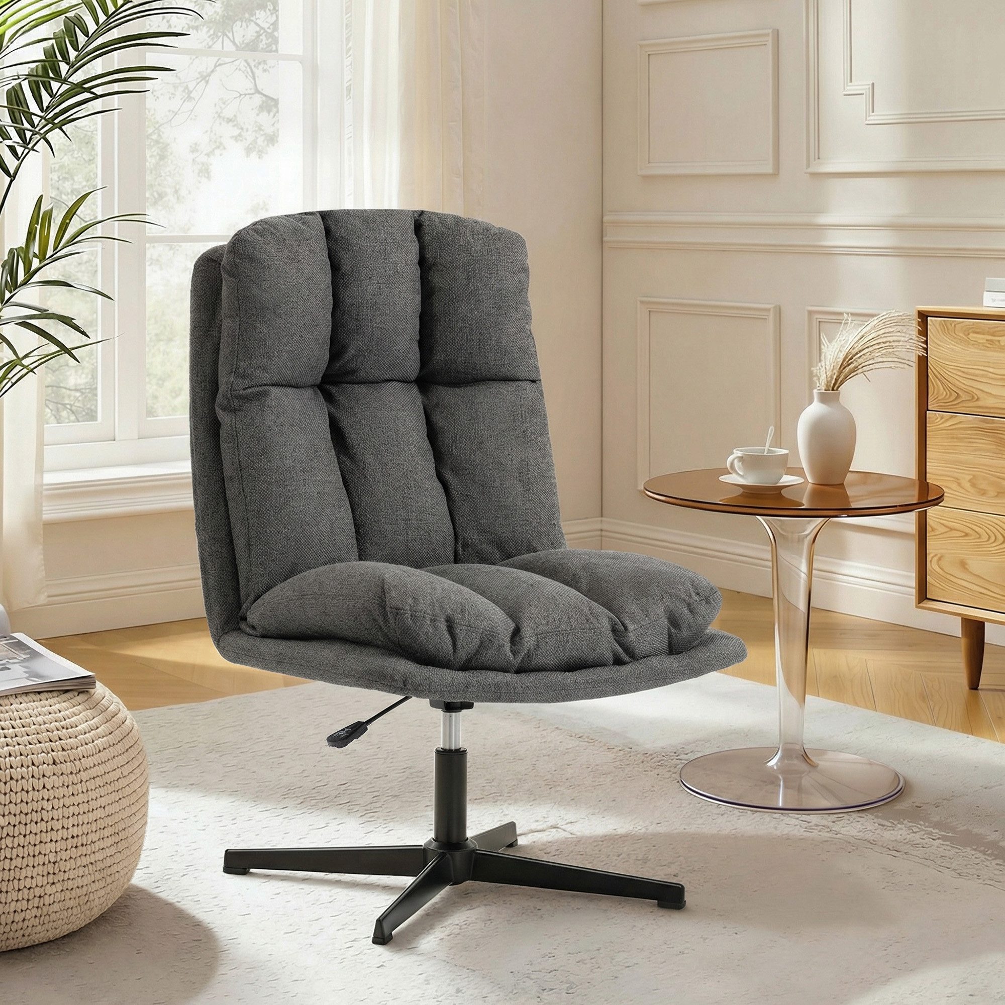 HOMCOM Relaxsessel Loungesessel, Lesesessel mit Schneidersitz, Leinenoptik, Dunkelgrau (Drehsessel, 1-St., Gepolsterter Polsterstuhl), Breiter Sitz, höhenverstellbar, 360° drehbar