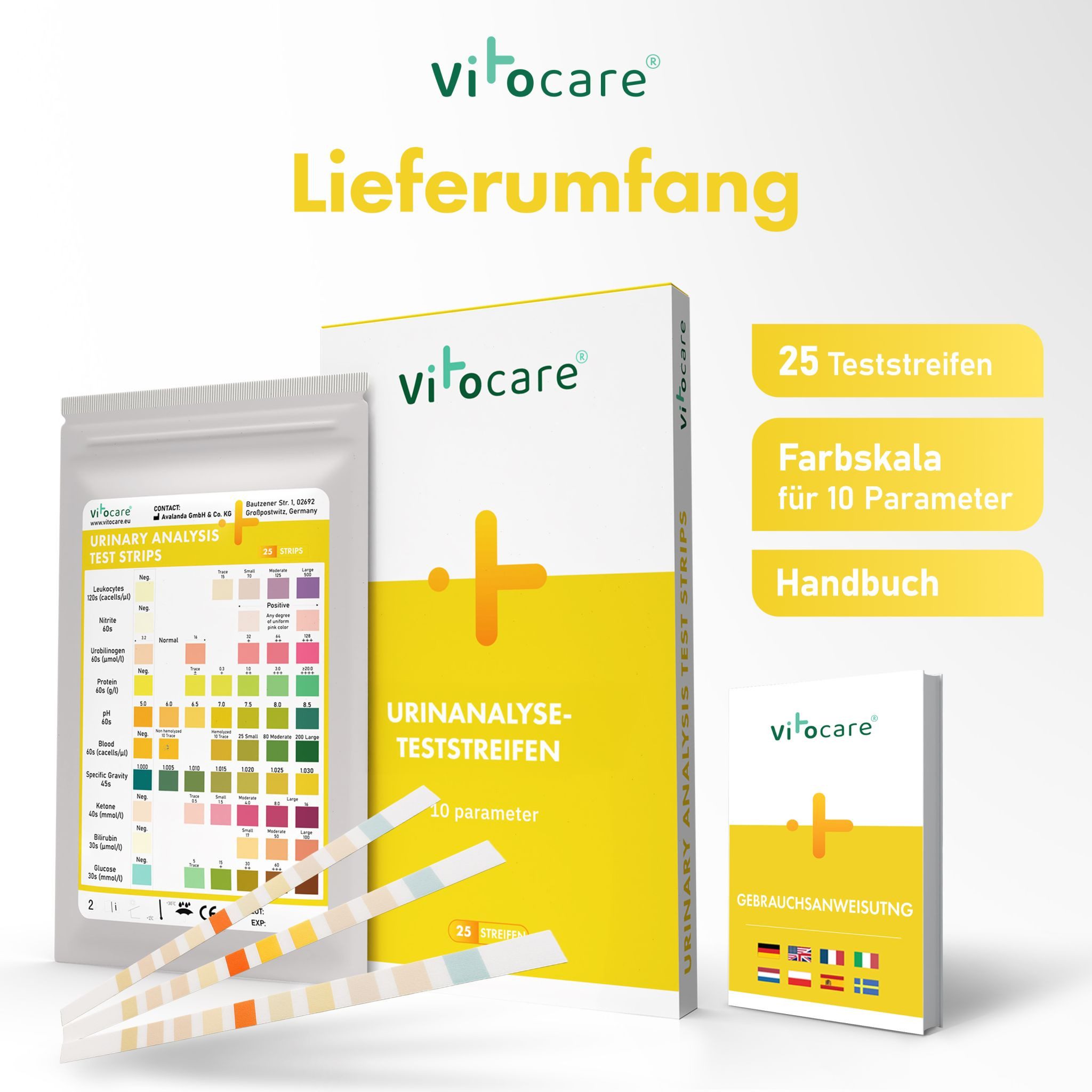 Vitocare Harnsäure-Messgerät Vitocare Urinteststreifen 10in1, Urintest f. Zuhause, 25/125 Stk.