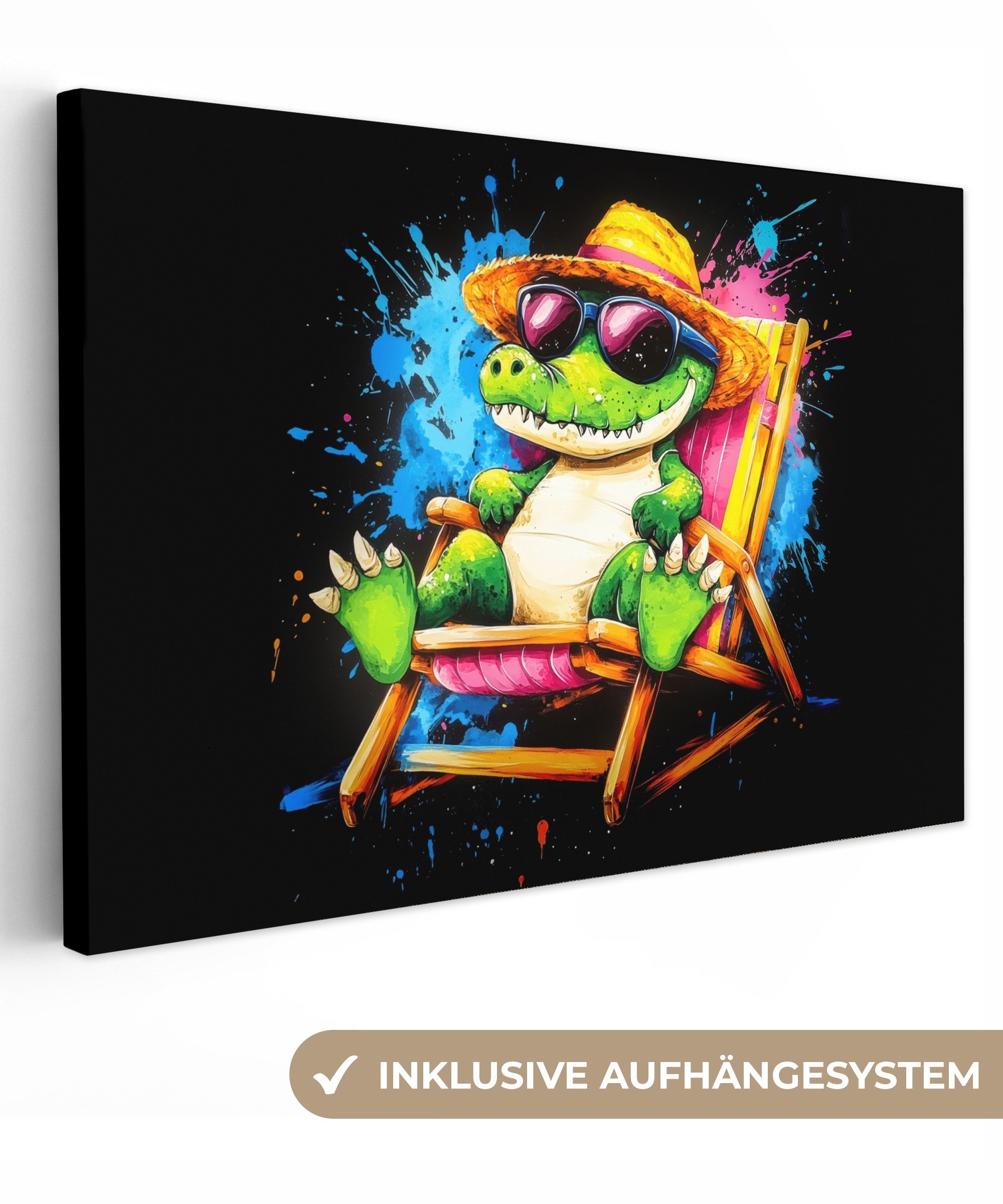 OneMillionCanvasses® Leinwandbild Graffiti - Sommer - Krokodil - Lustig, Fotodruck (1 St), Leinwand Bilder Klein, Wand Dekoration Aesthetic 30x20 cm