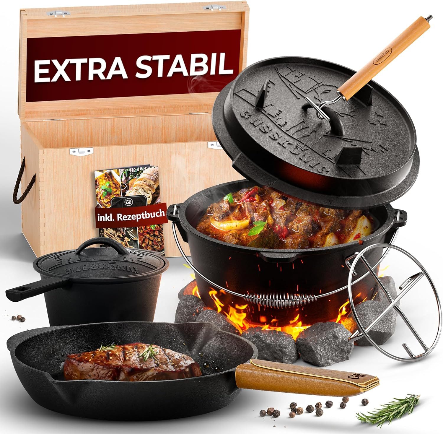 GUSSKÖNIG Grilltopf GUSSKÖNIG Dutch Oven Set 8 teilig Topf Set inkl. Rezeptbuch