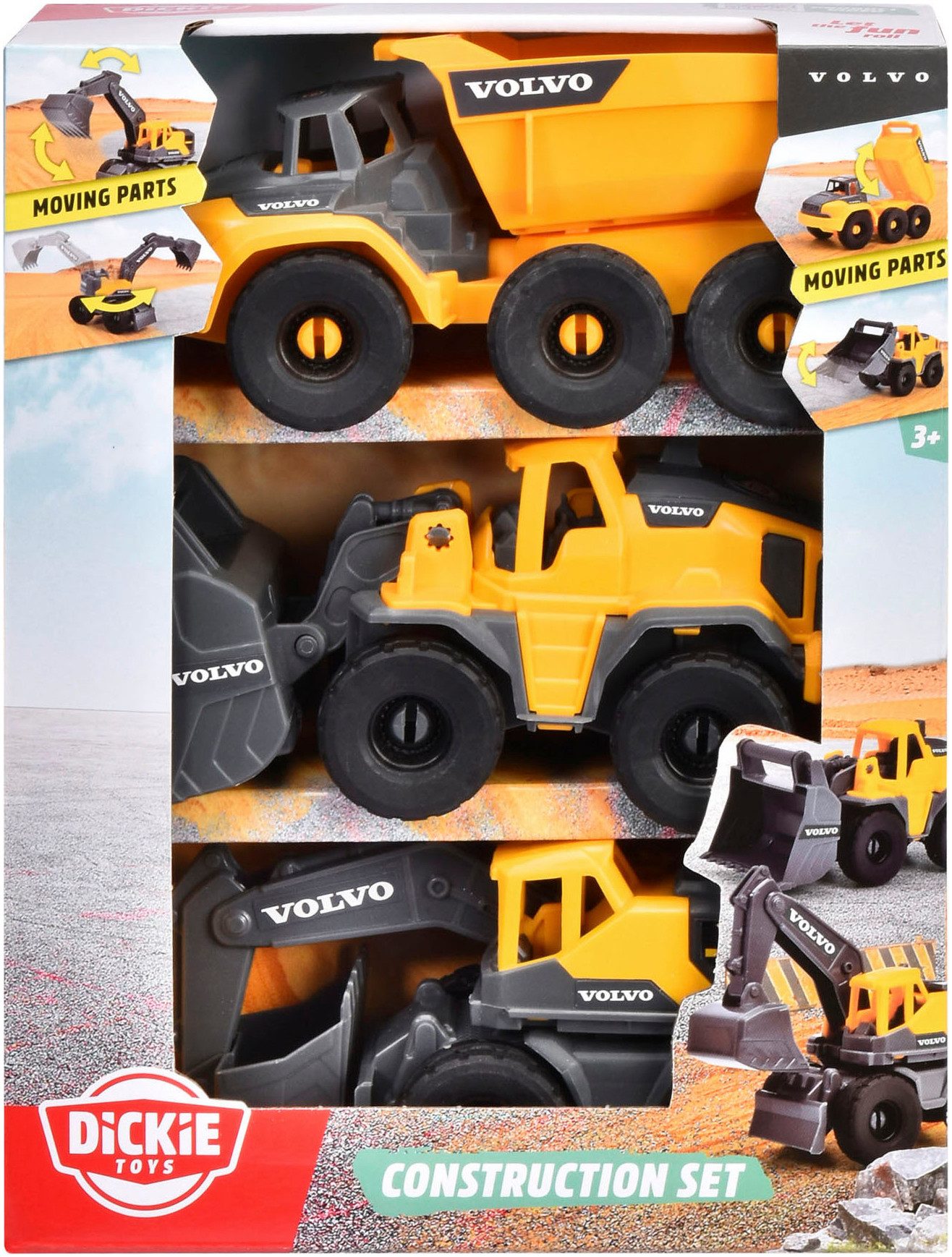 Dickie Toys Spielzeug-Baumaschine Volvo Construction Set, (Set, Bestehend aus Bagger, Radlader, Kipplaster)