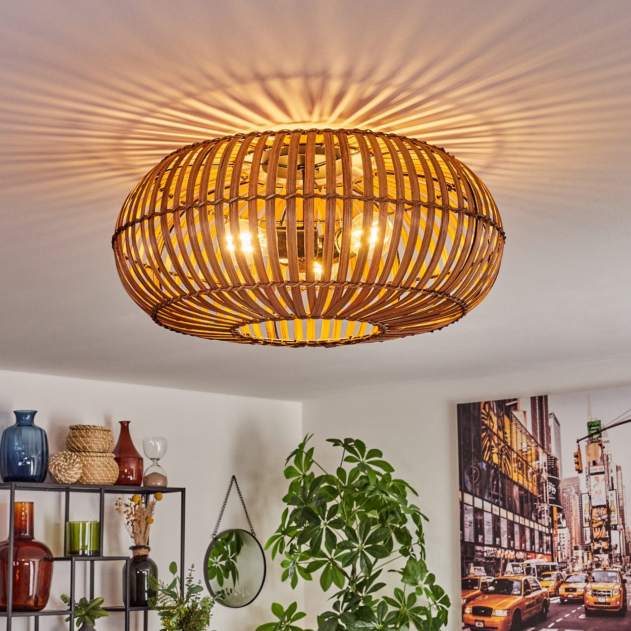 hofstein Deckenleuchte moderne Deckenlampe aus Metall/Bambus in Schwarz/Natur/Dunkelbraun, ohne Leuchtmittel, m. Lichteffekt an der Decke, Ø 50 cm, 3 x E27, ohne Leuchtmittel