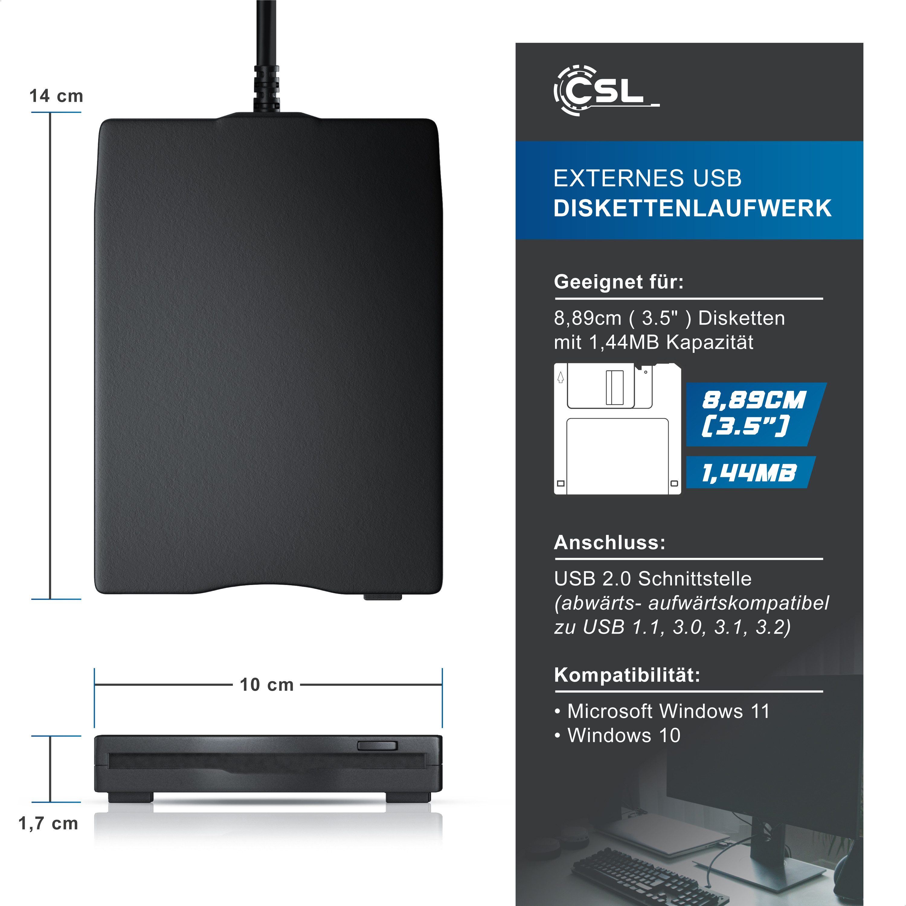 CSL Externes 3,5 Zoll, 1,44 MB, USB A und C, Plug & Play Diskettenlaufwerk (USB 2.0, USB-A, USB-C, Slimline Design, keine Treiber, Windows 10 11, schwarz, 14x10x1,7 cm)
