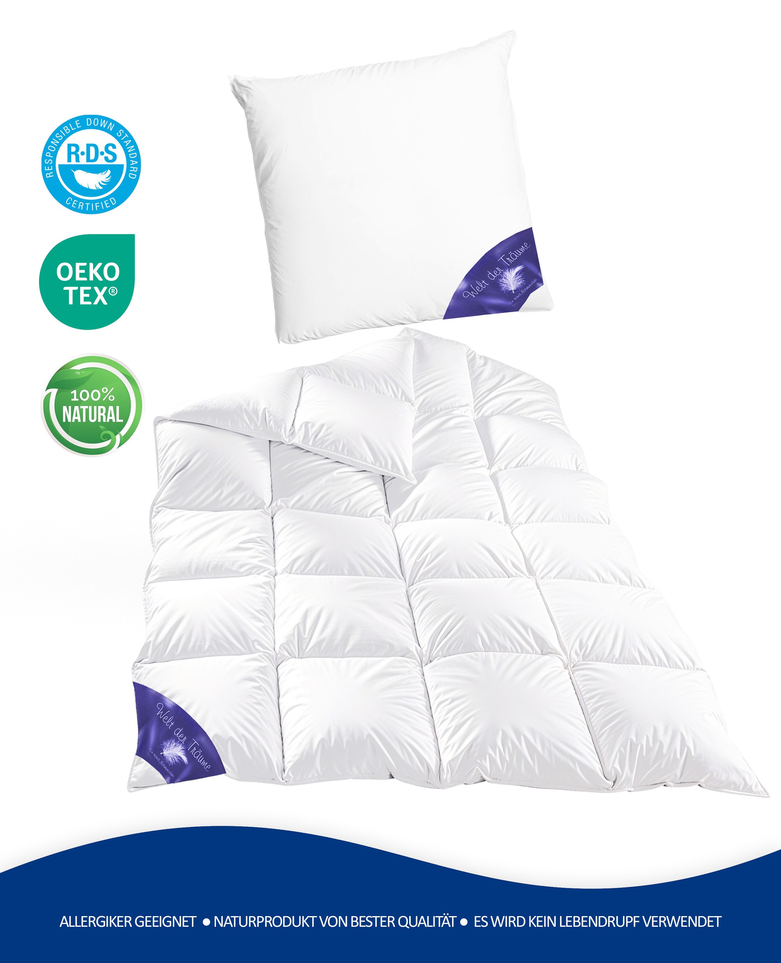 Welt der Träume Bettdecke + Kopfkissen Set: Daunenbettdecke 135x200 cm 1600 günstig online kaufen