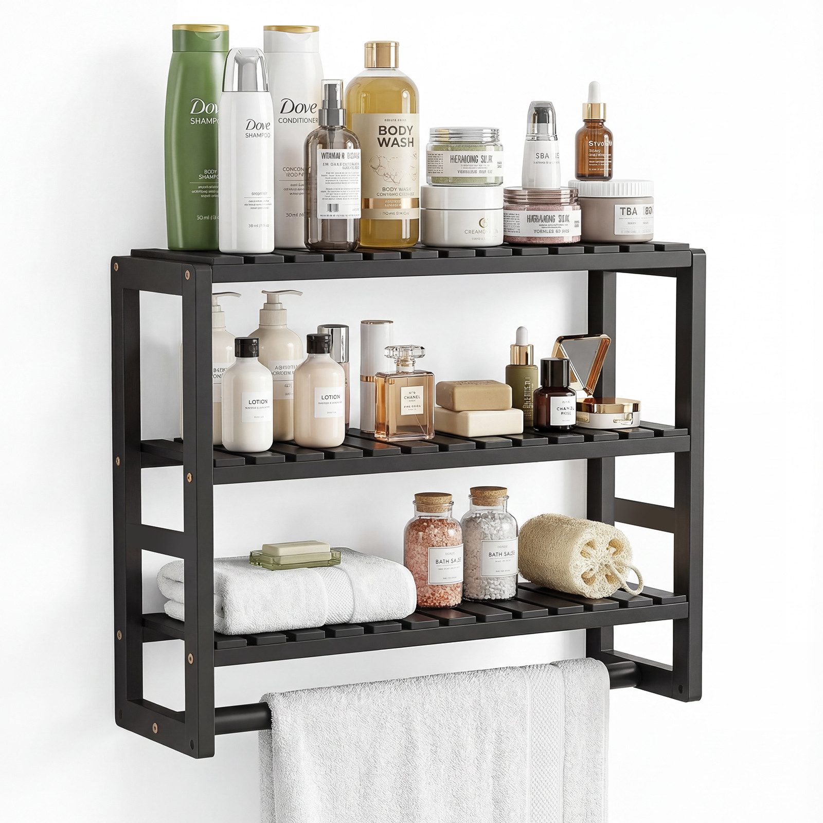 BlingBin Badregal Badezimmerregal Bambus 3 Ebenen, Wandregal Organizer, Standregal, Handtuchhalter, Hängestange für Badezimmer 1-tlg., verstellbare Schicht, schwebender Wandständer oder Ständer mit Stange