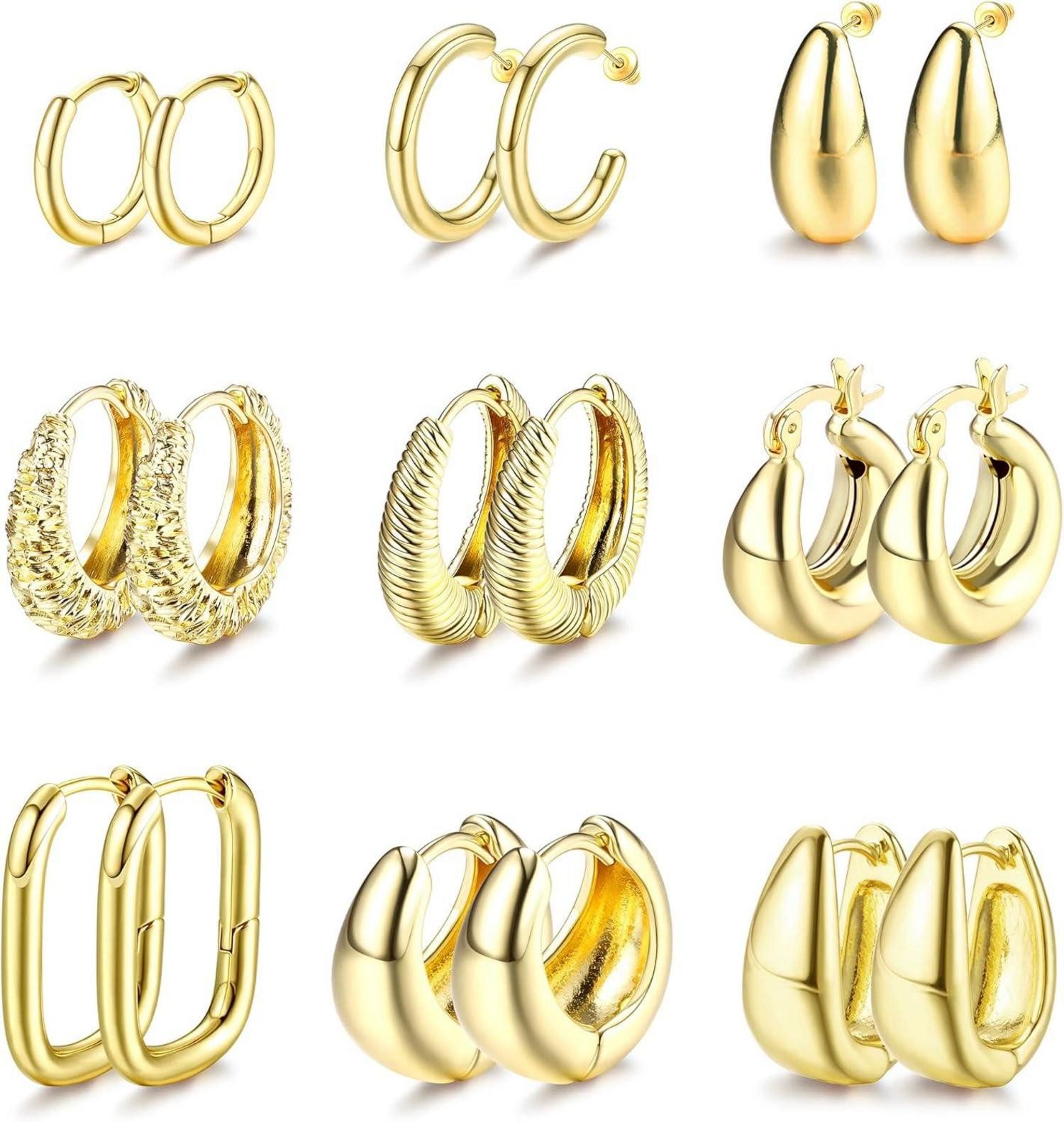 Schmuckset 9 Paar Goldene Creolen Ohrringe Set Damen Mädchen 14K Vergoldet Chunky