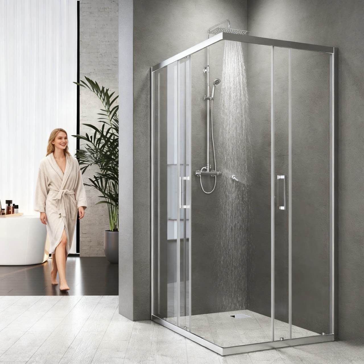 Boromal Eckdusche Duschkabine eckeinstieg 90x100 100x100 75x90 90x90 80x80, BxT: 75x80 cm, 5mm ESG, Schiebetür, Alu Struktur, Magnetdichtleisten, Links- und Rechtsmontage