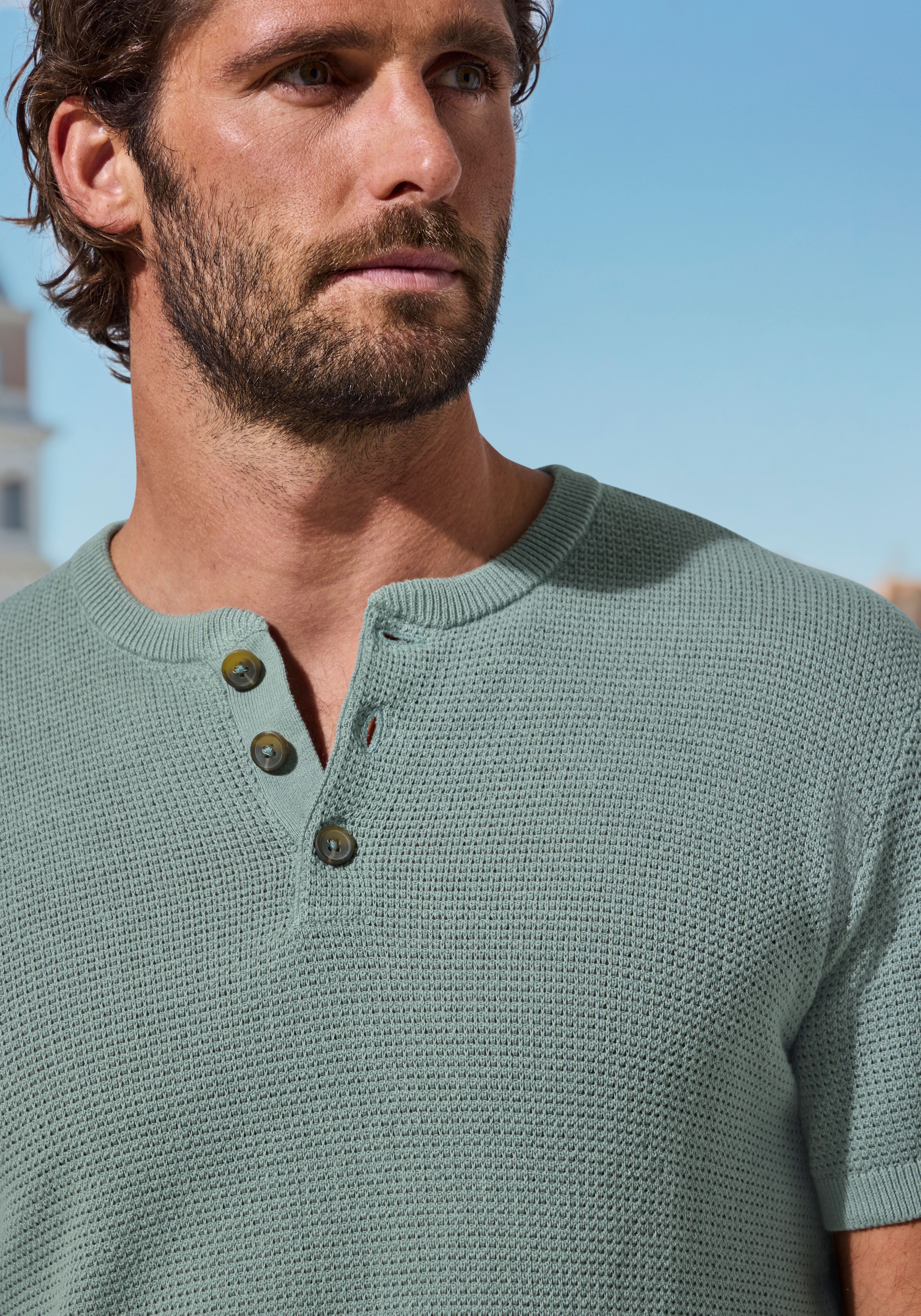 John Devin Henleyshirt - Strickshirt Rundhalsausschnitt mit kleiner Knopfleiste