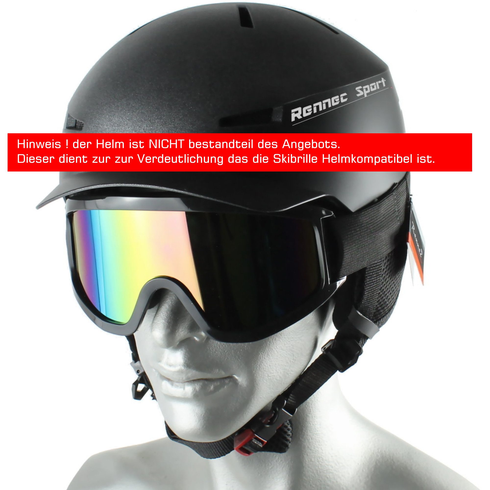 Rennec Skibrille, (Unisex Skibrille inklusive Brillenbeutel), Brillenträger geeignet Linsen Verspiegelt oder Getönt S1 S3