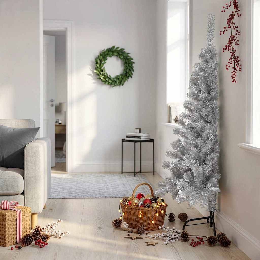vidaXL Künstlicher Weihnachtsbaum vidaXL Künstlicher Halb-Weihnachtsbaum mit Ständer Silber 150 cm PET