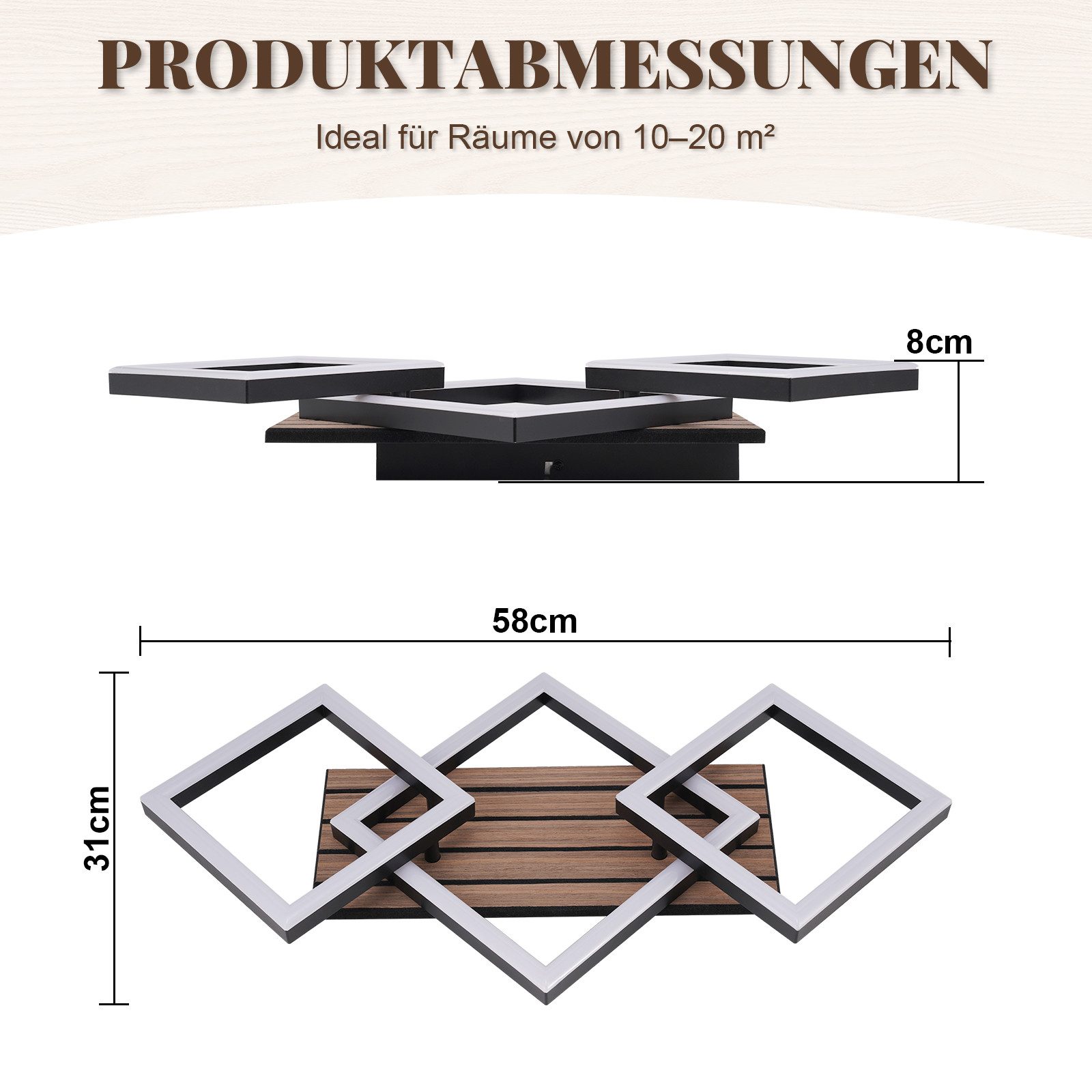 Nettlife LED Deckenleuchte Retro schwarz 14/21W eckig 3000K Warmweiß Design lampe Holz, LED fest integriert, für Küche Schlafzimmer Flur Wohnzimmer Bürolampe Zu – Bild 3 von 5