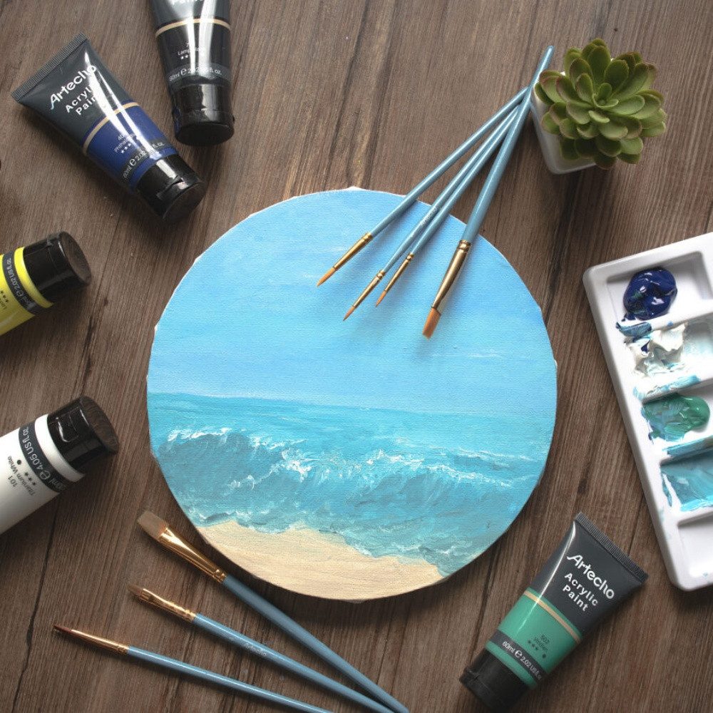 Artecho Acrylfarbe 6 x 60ml + 1 x 120ml Wasserfest Acrylfarben mit 10 Pinseln & 1 Palette, für Papier, Ton, Holz, Steine – zum Reisen, Malen & Freude verschenken