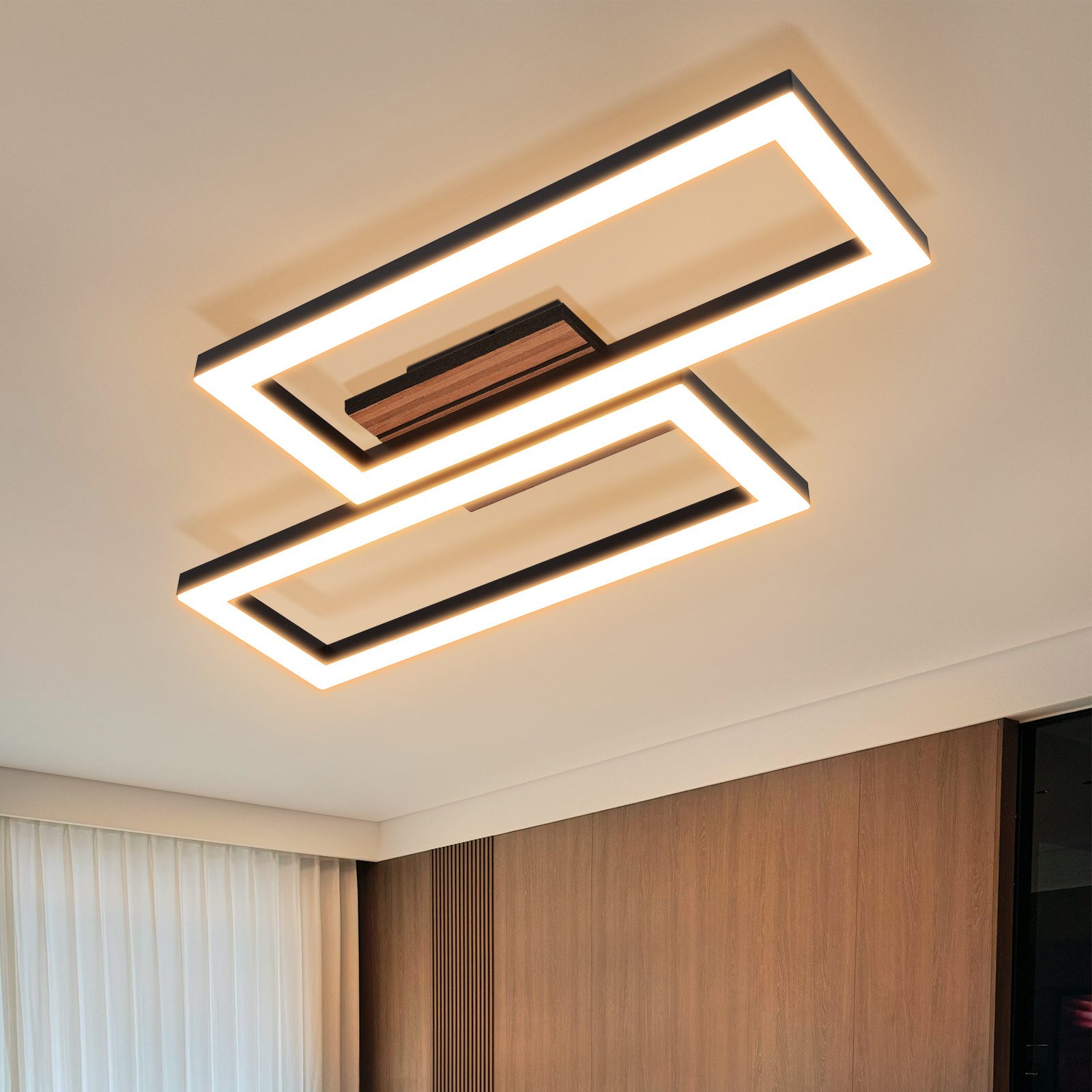 Nettlife LED Deckenleuchte Retro schwarz 14/21W eckig 3000K Warmweiß Design lampe Holz, LED fest integriert, für Küche Schlafzimmer Flur Wohnzimmer Bürolampe Zuhause