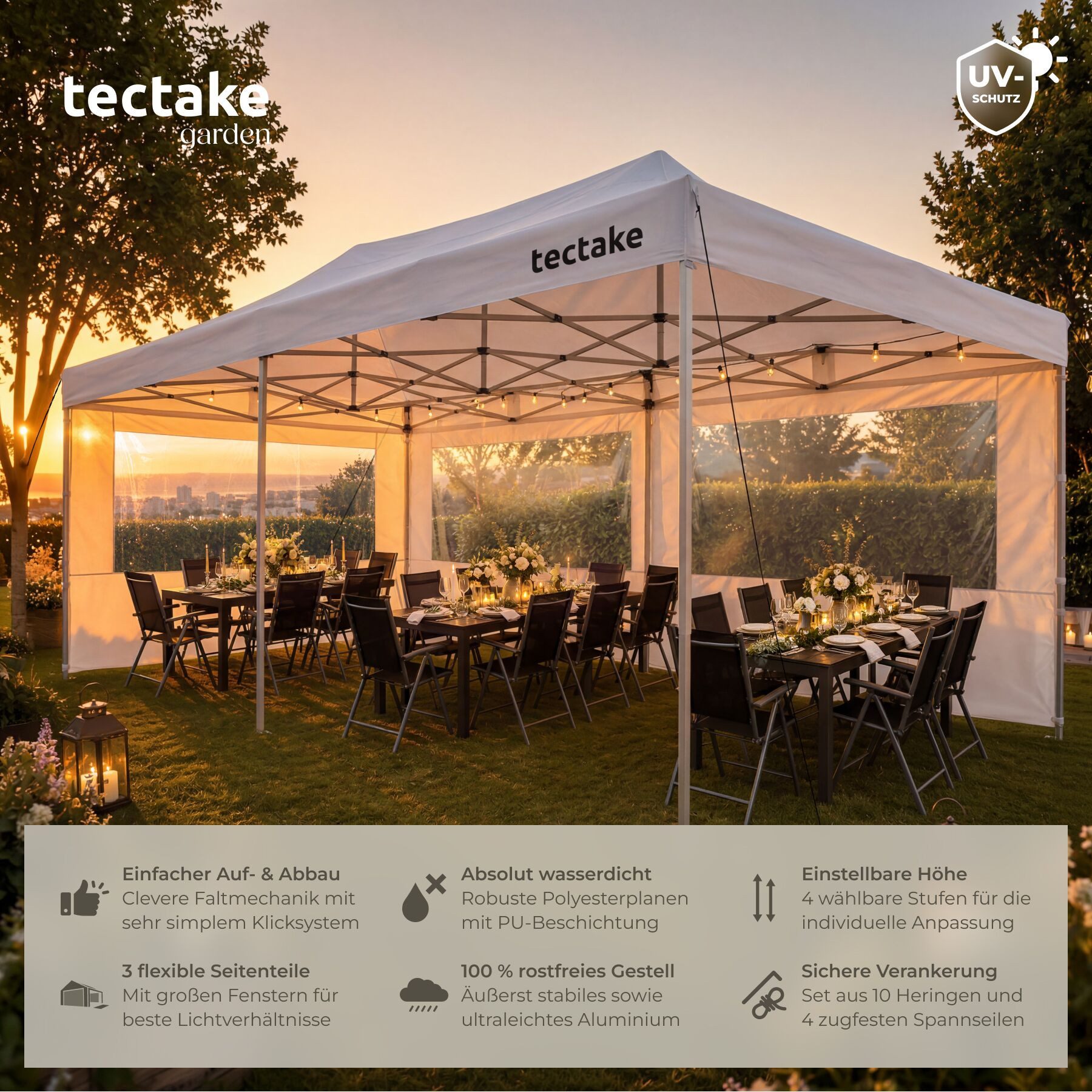 tectake Pavillon Aluminium Faltpavillon, 6 x 3 m, wasserdicht, mit Tragetasche, mit 3 Seitenteilen, (Partyzelt Viola, in weiß), 3 Seitenteile mit Fenster, höhenverstellbar, mit UV-Schutz