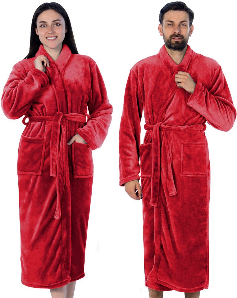 Gräfenstayn Unisex-Bademantel Damen Herren Kuschelfleece Bademantel Größe S-XXXL, warm & kuschelig, Waden bis Knöchellang, Fronttaschen, Gürtel, S-XXXL