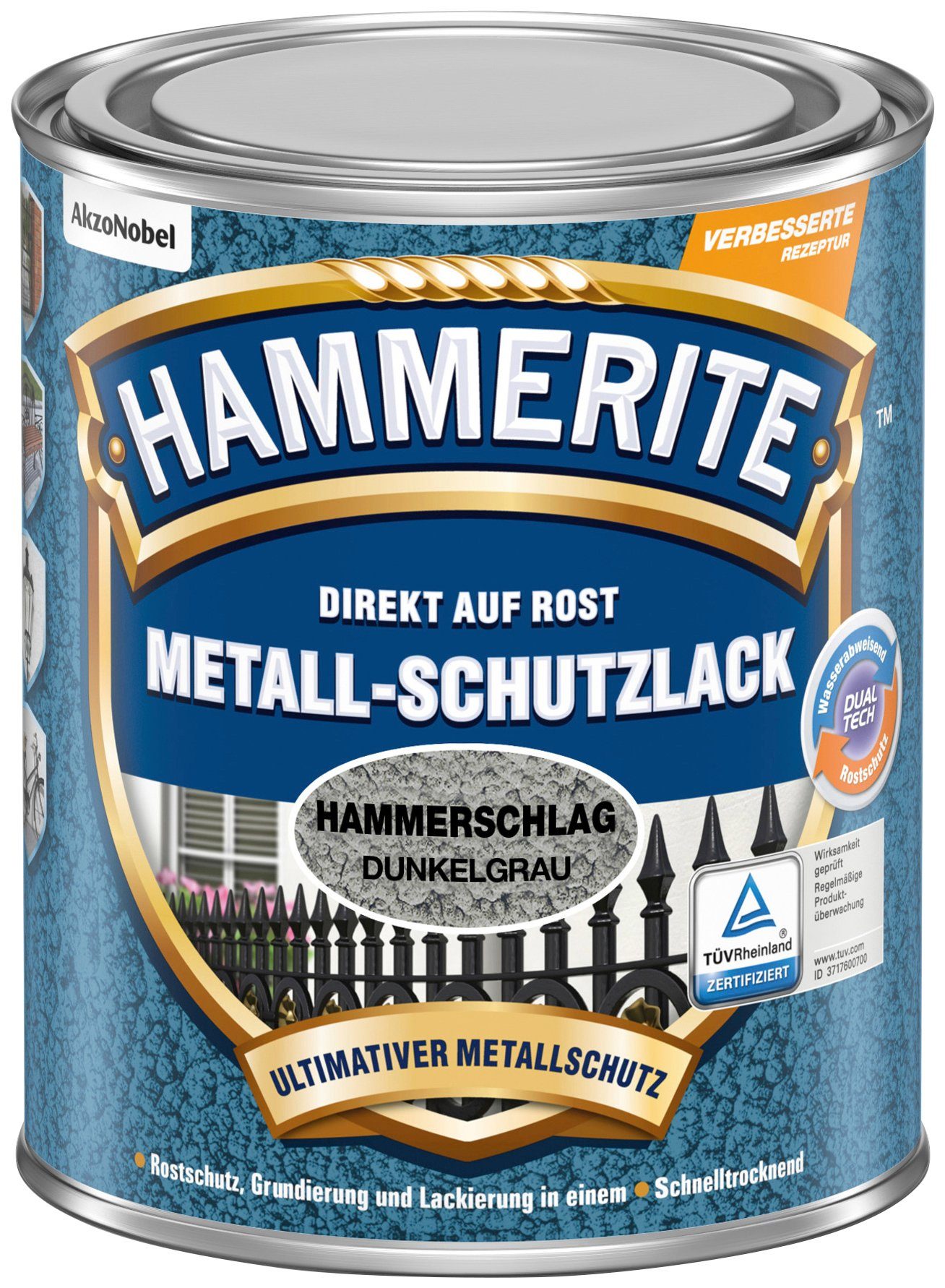 Hammerschlag Liter, Hammerite  AUF Metallschutzlack DIREKT ROST, grau 0,75