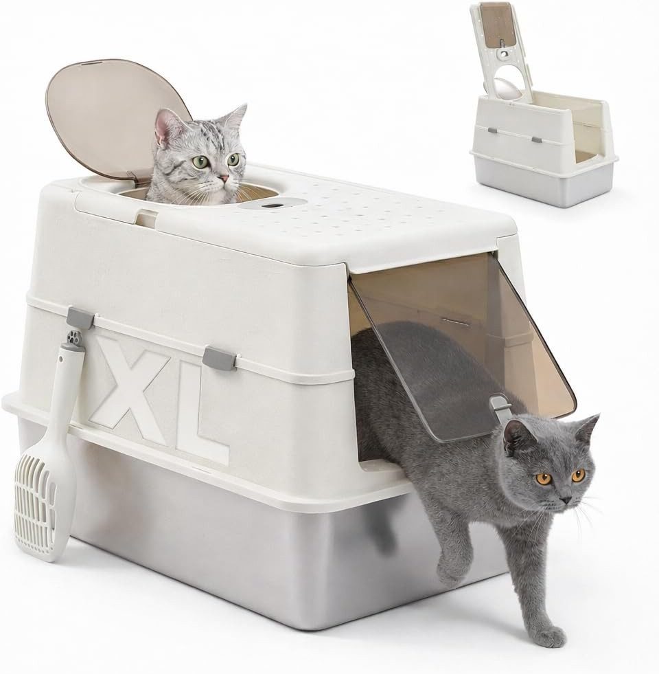 Purpurra Katzentoilette XL Edelstahl-Katzenklo mit Deckel, inklusive Schaufel, 60 × 40 × 40 cm, Edelstahl Schale.