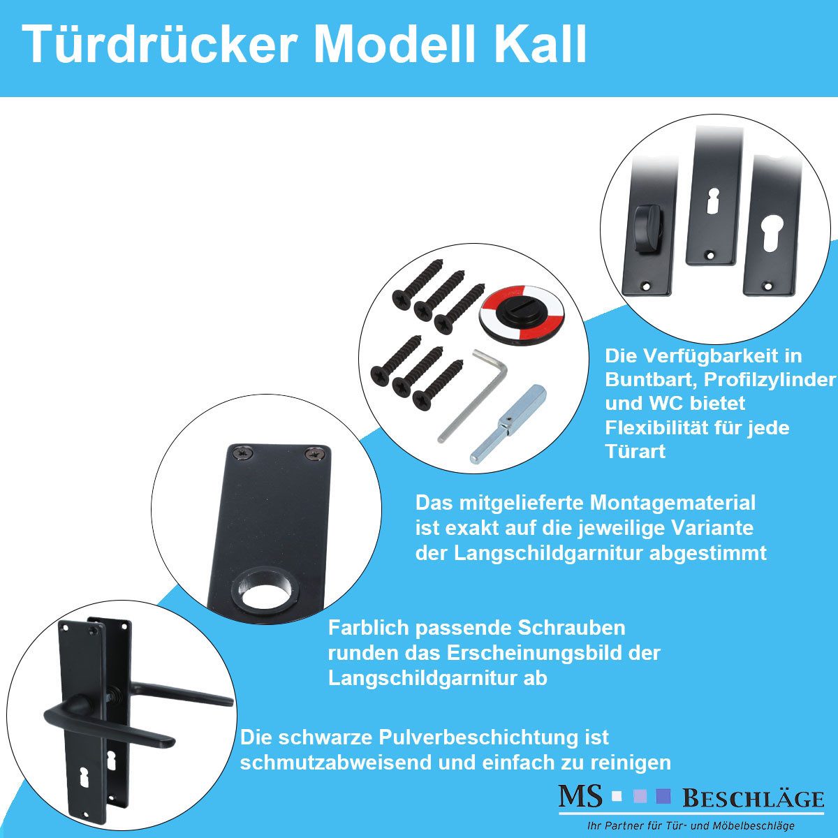 MS Beschläge Türgriff Türklinke Langschild Schwarz Türdrücker Türöffner, Komplettes Befestigungsset mit farblich passenden Schrauben – Bild 4 von 4