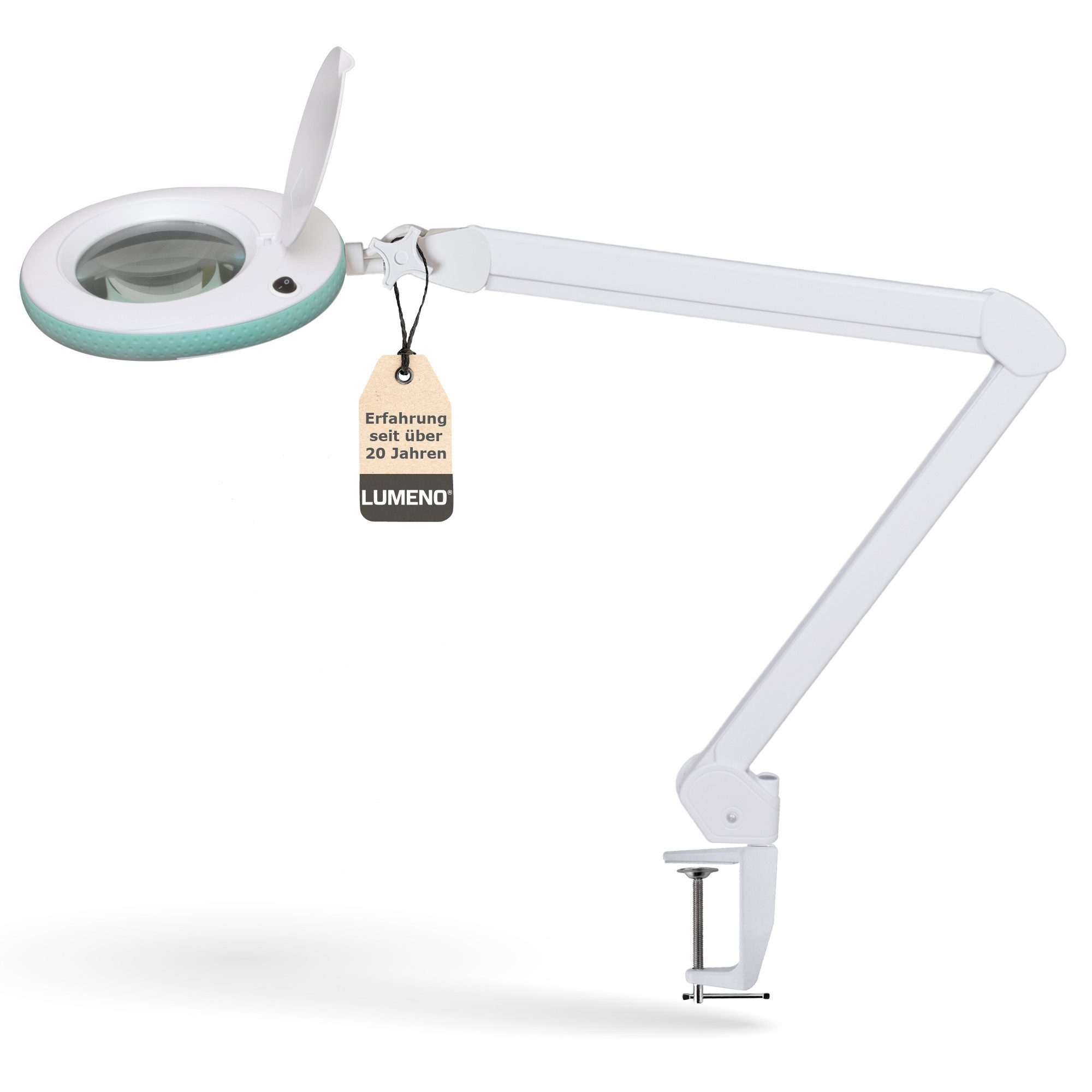 Lumeno Lupenlampe 721X LED Lupenleuchte CRI>90 mit Tischklemme und 127 mm Echtglaslinse, LED fest integriert, Kaltweiß, 6500 K, LED Leuchte