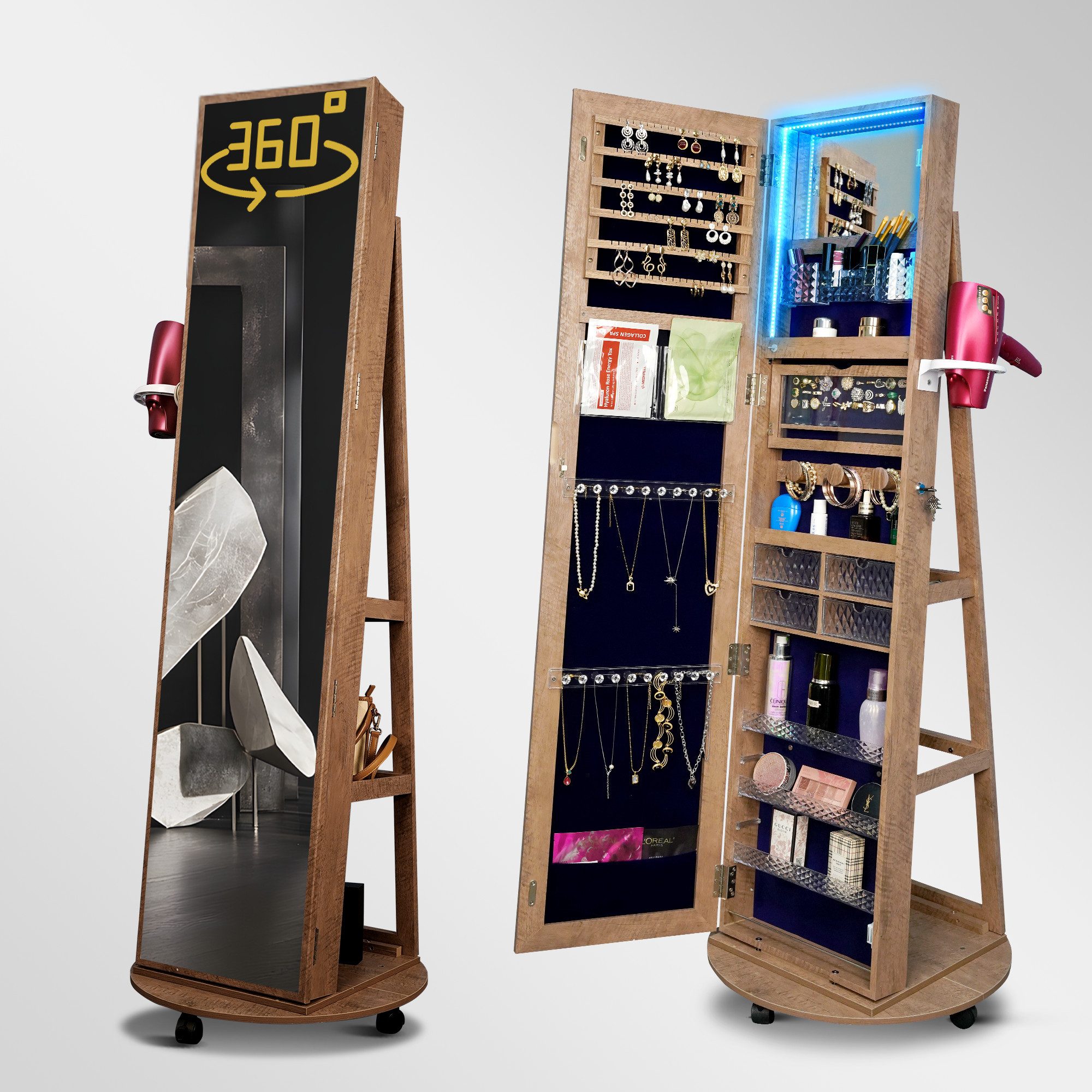 Schmuckschrank mit Ganzkörperspiegel-165×50 cm, Holzfarbe, 360° drehbar, abschließbar
