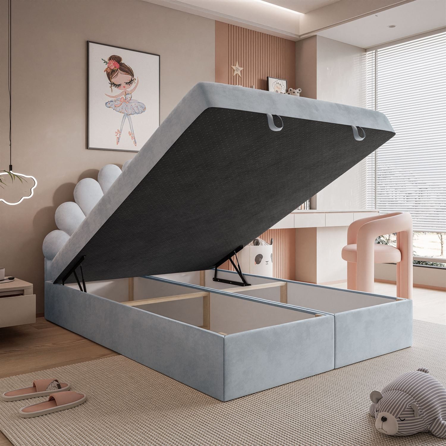 Lookway Boxspringbett ASHLEY Polsterbett mit Muschel-Kopfteil und Bettkasten (Boxspringbett mit Topper), gepolstertes Kopfteil