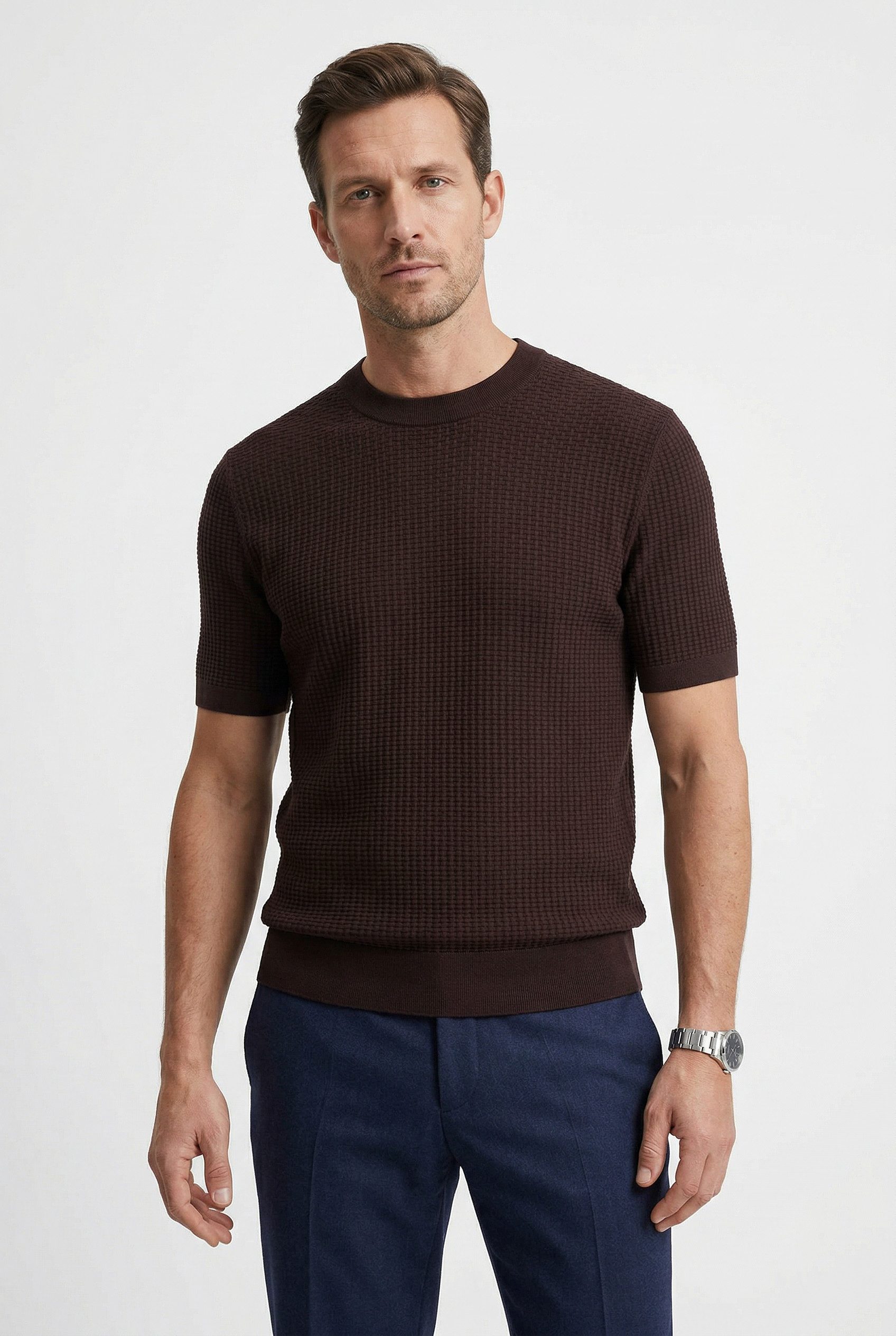 BOSS Kurzarmpullover Nilton Premium Menswear Business-Casual-Look, Strukturstrick-Material