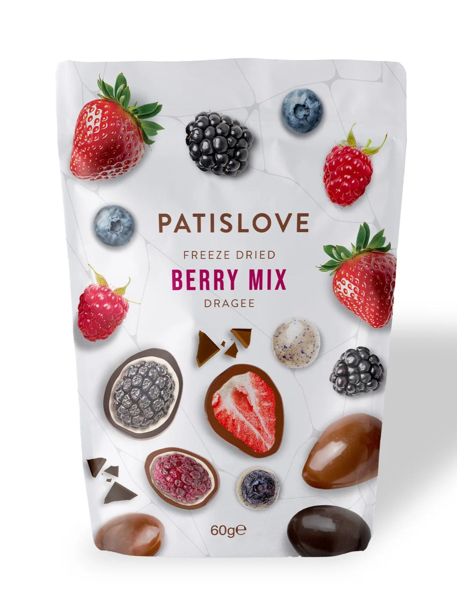 PATISLOVE Schokolade Patislove Berry Mix Dragees, Beeren-Mix in 3 Schokoladensorten, 60g, Gefriergetrocknete Beerenmischung, Überzug aus 3 Schokoladensorten